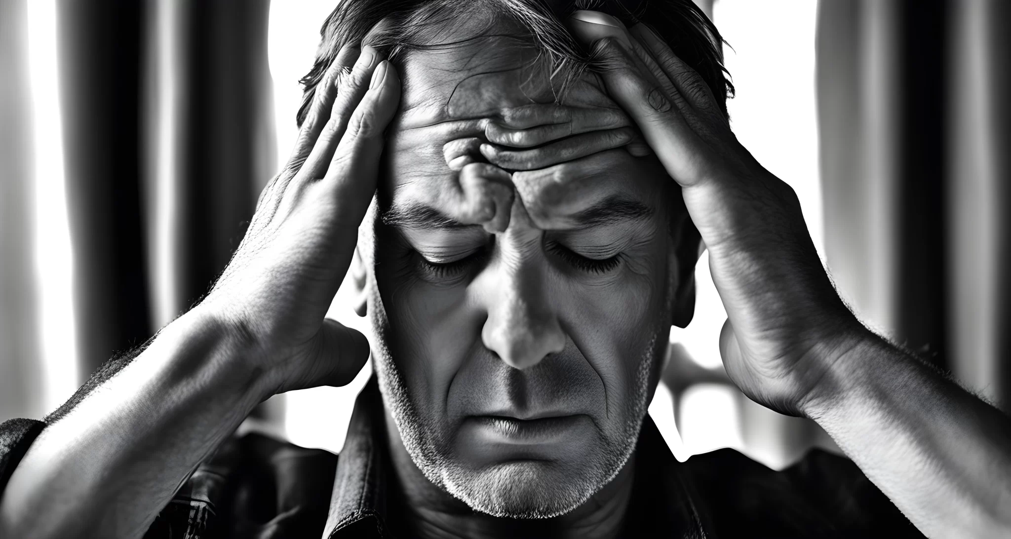 A black and white photograph of a person sitting in a chair with their eyes closed and hands on their temples, looking distressed.