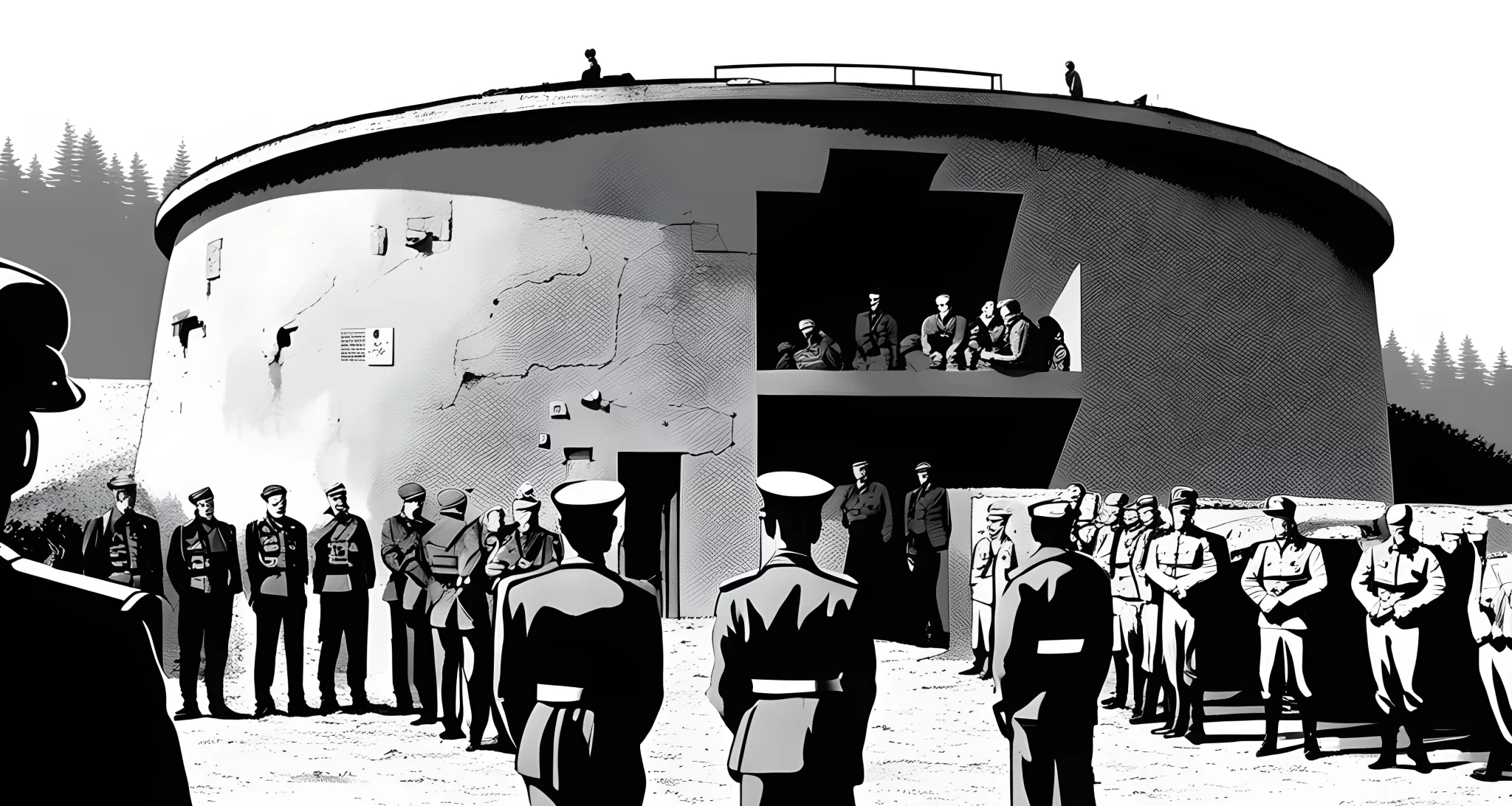 A black and white photograph of Hitler's bunker with military personnel and journalists standing outside.