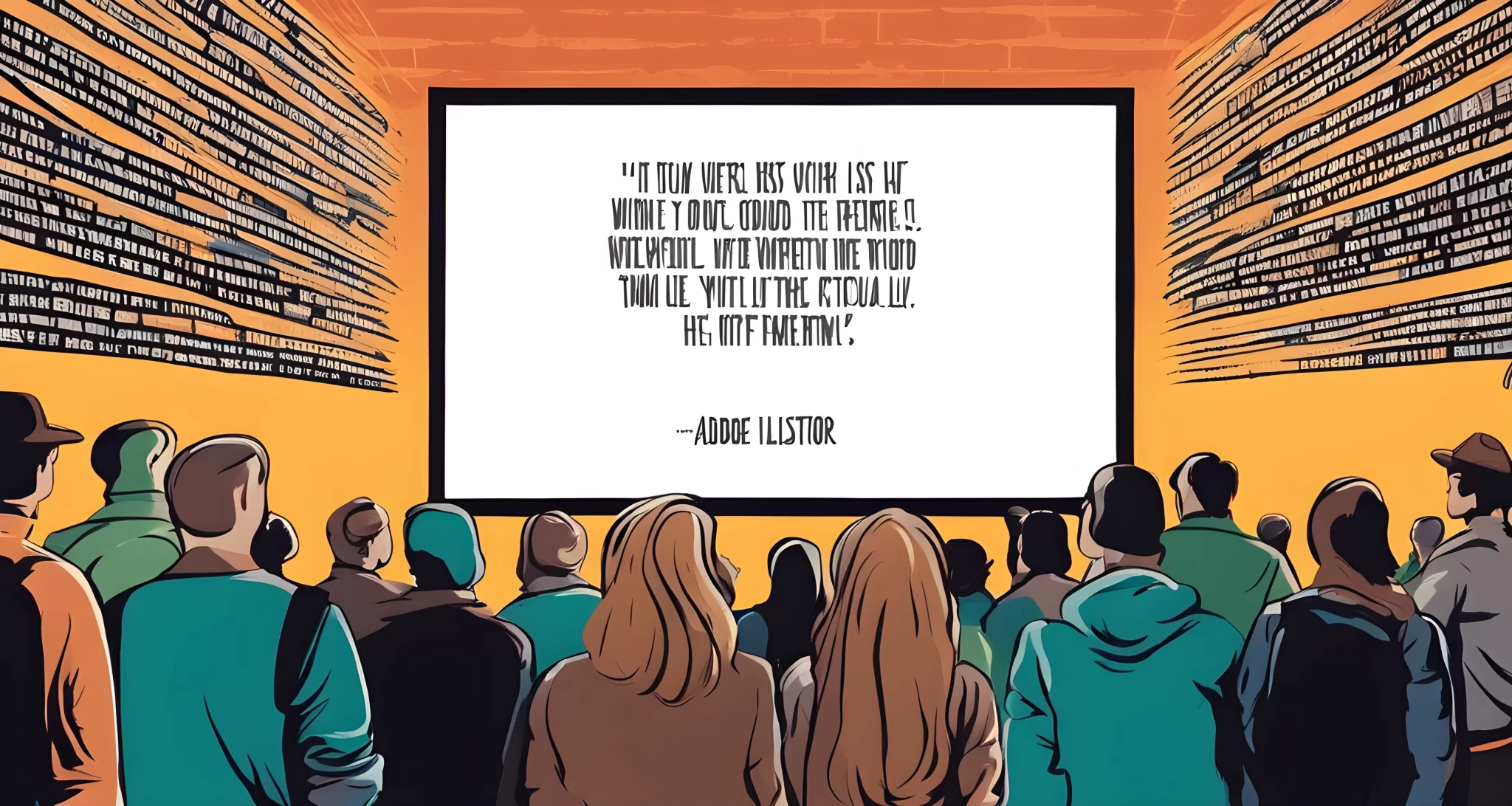 A crowd of people looking at a famous movie quote written on a screen, with some remembering it differently than the actual quote.