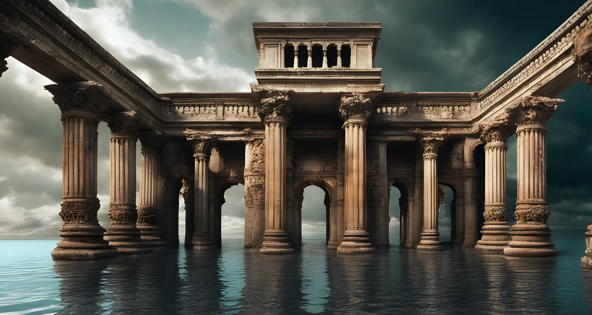 A crumbling ancient structure surrounded by water, with intricate carvings and pillars.