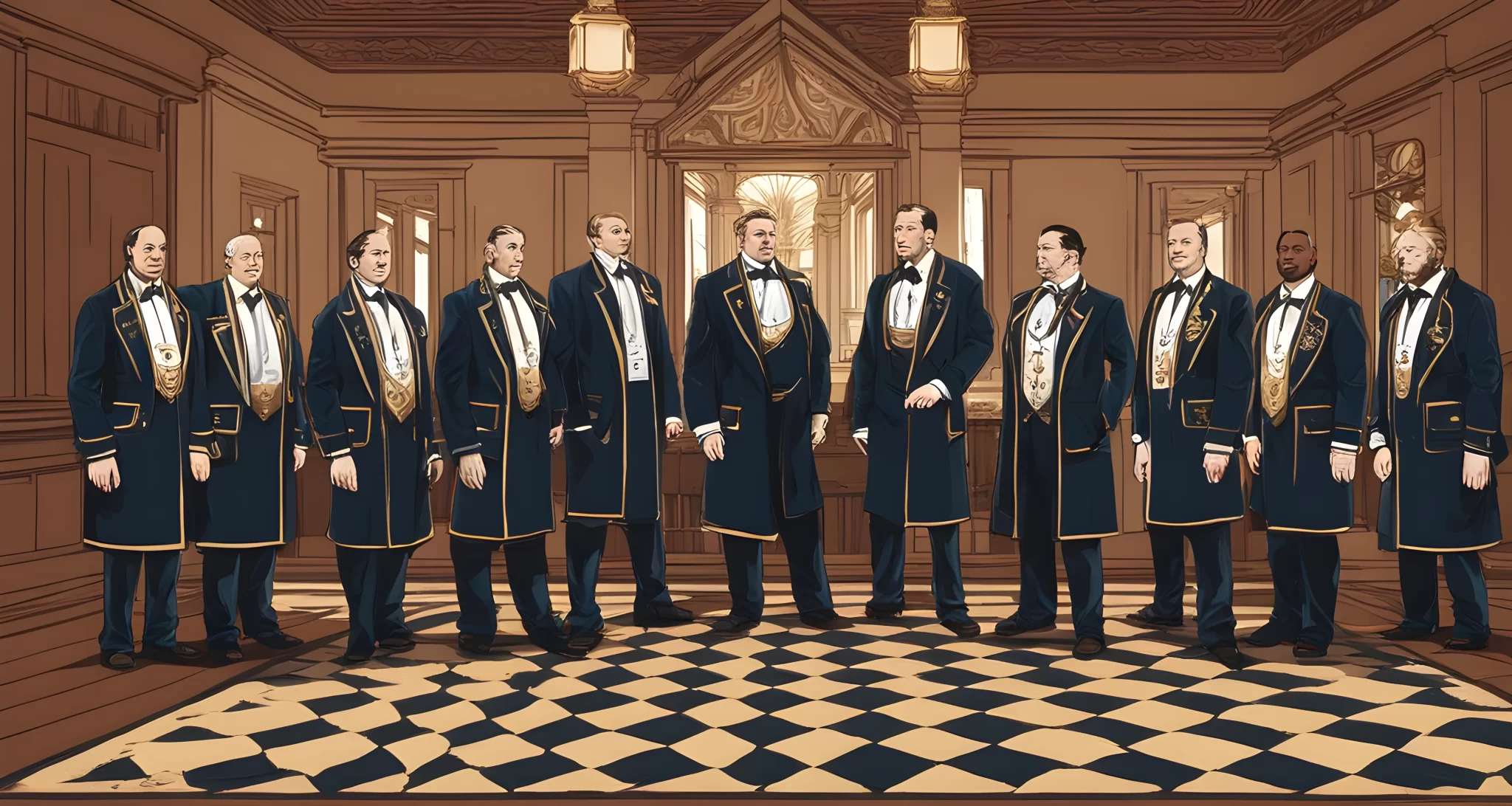 A group of men in suits wearing distinct Freemason aprons and regalia, standing in front of an ornate lodge with the Freemasons emblem displayed prominently.