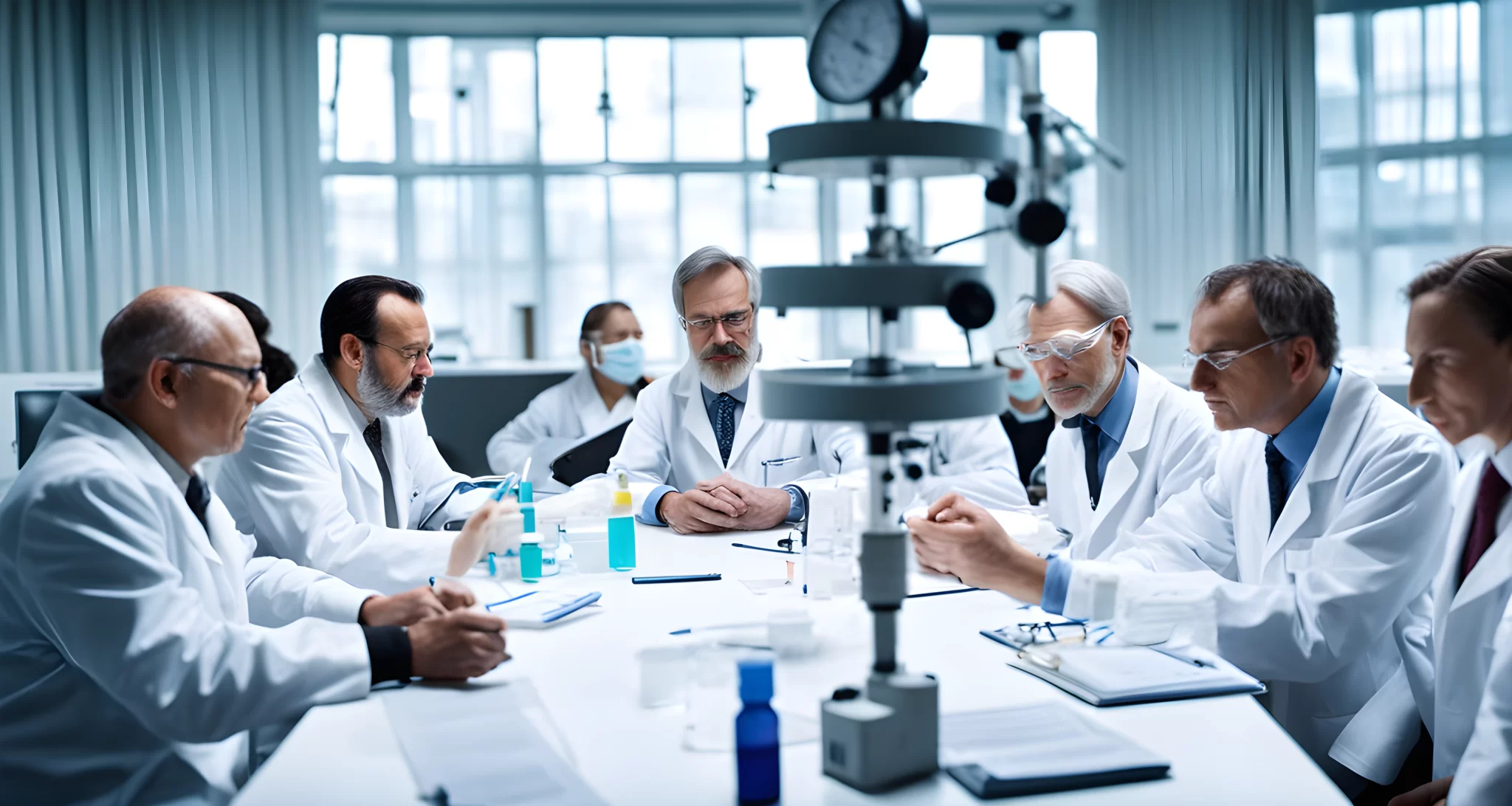 A photo of a group of scientists and government officials discussing vaccine research and public health policies.