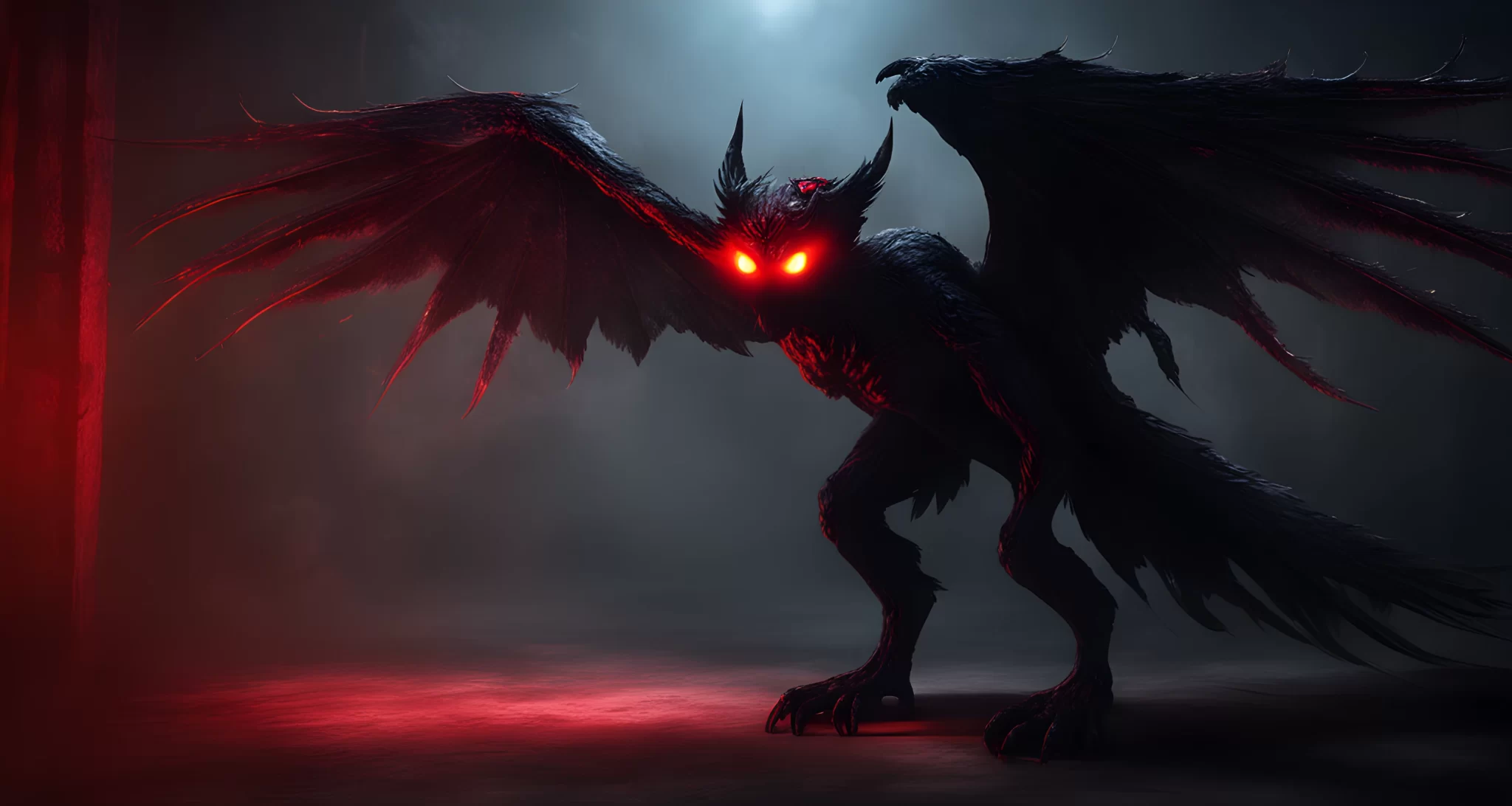 A shadowy figure of a winged creature with glowing red eyes.