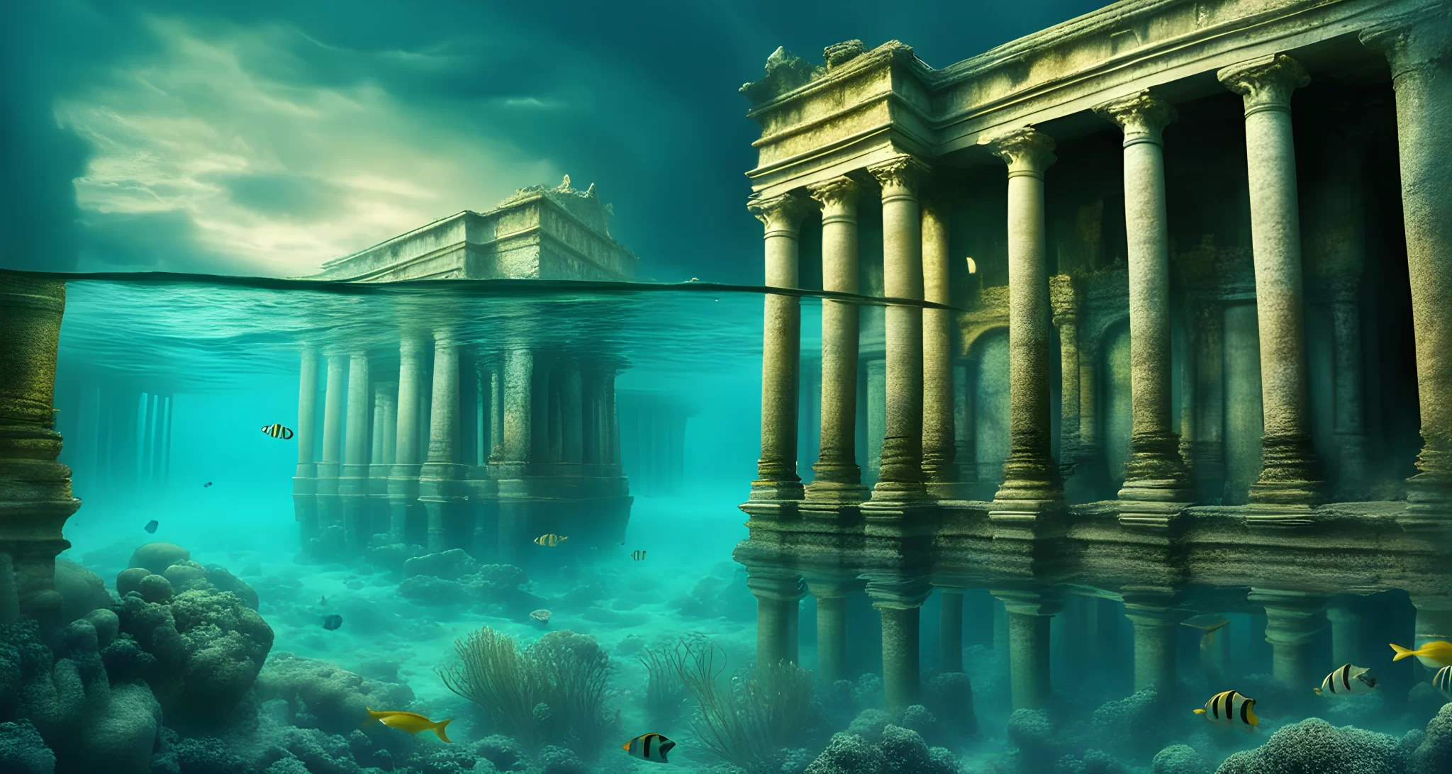 A submerged city ruins at the bottom of the ocean, with ancient architecture and columns.