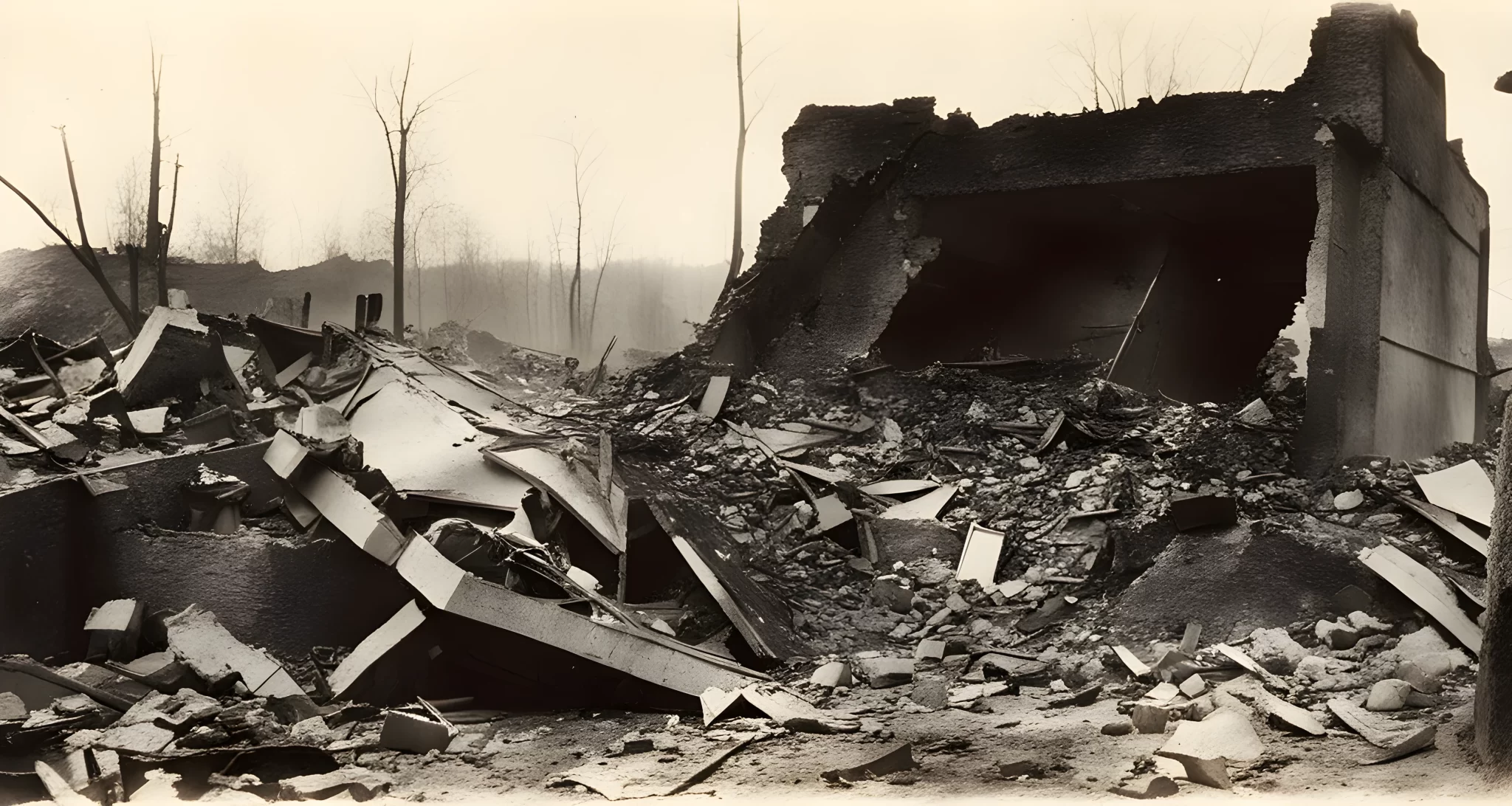 An old photograph of a burned and partially destroyed bunker, surrounded by rubble and debris.