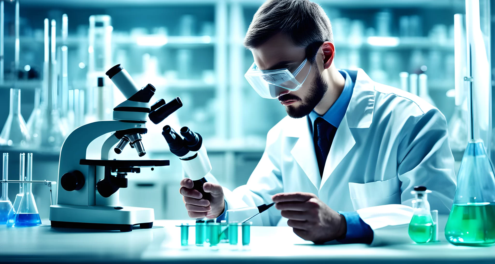 Image of a laboratory with scientists in white lab coats working on experiments with test tubes and microscopes.