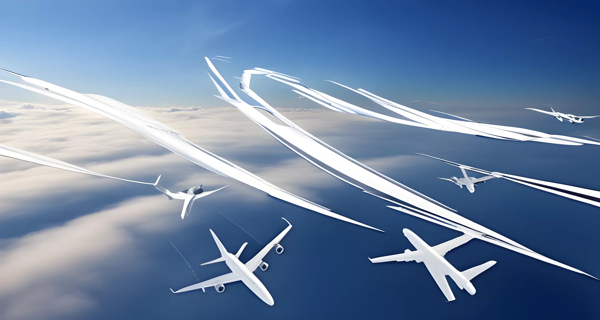 Image shows a clear blue sky with several white lines trailing behind airplanes.