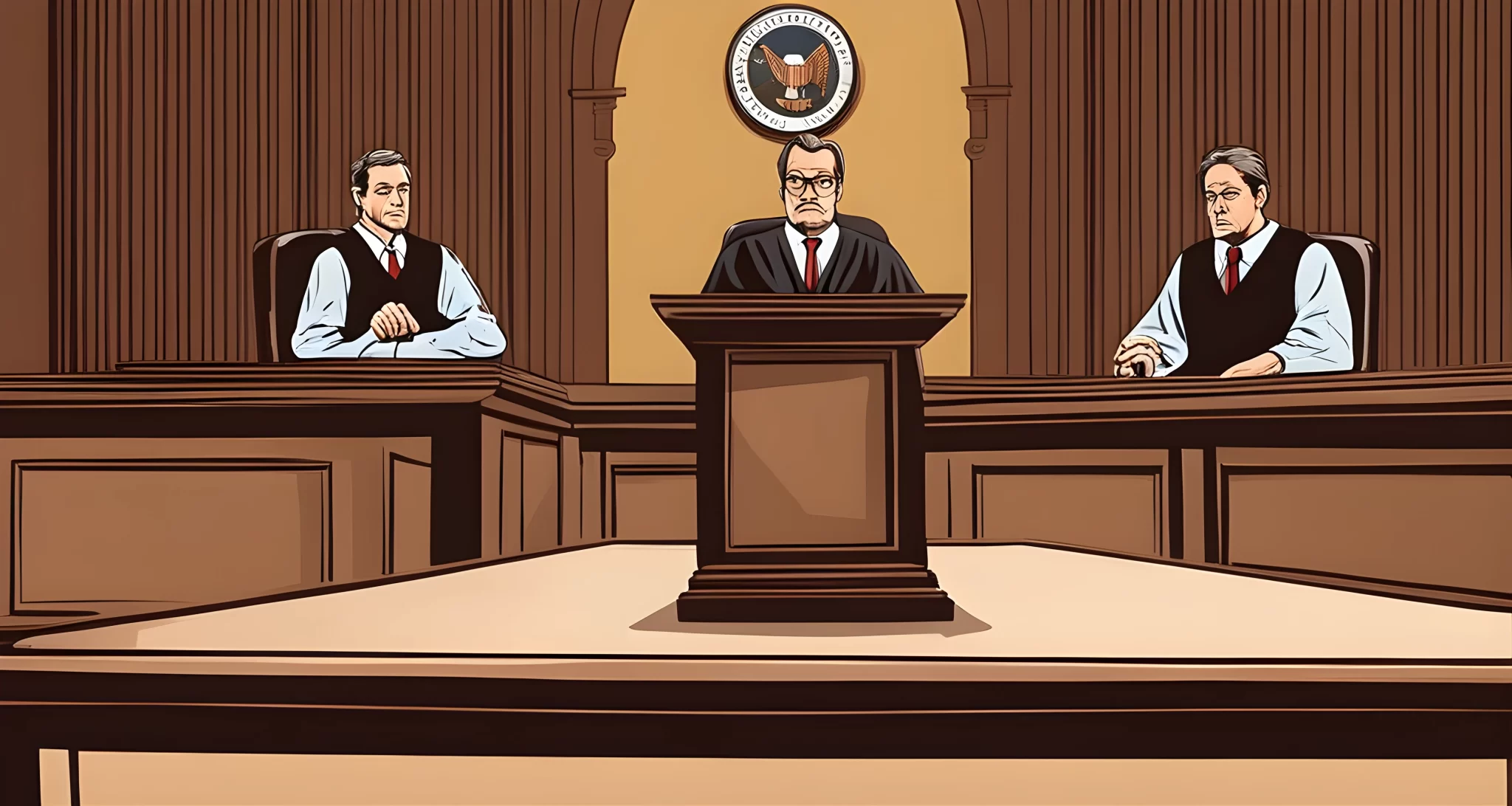 In the image, a courtroom setting is depicted with a judge, lawyer, and witness.