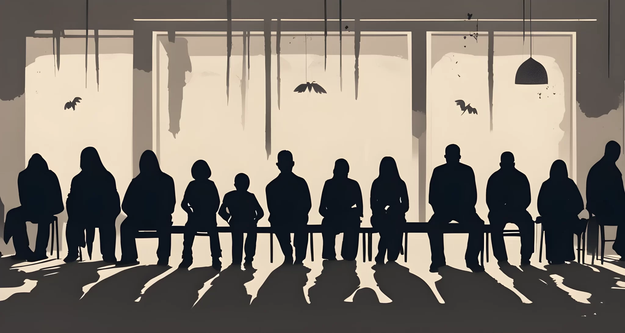 In the image, a distressed individual is seen sitting alone, surrounded by shadowy figures representing the impact on families and communities.