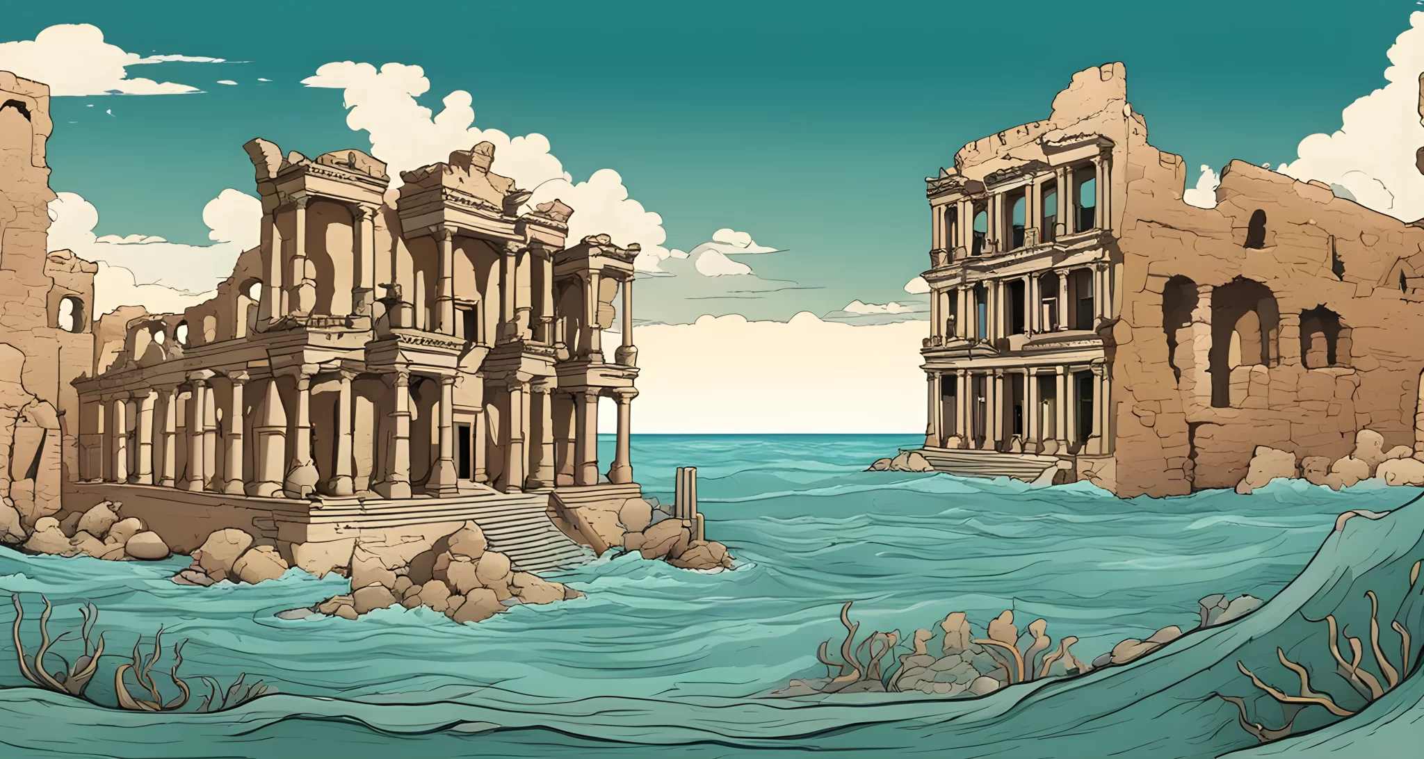 In the image, there are ruins of ancient buildings, pottery, and remnants of a sunken city at the bottom of the ocean.