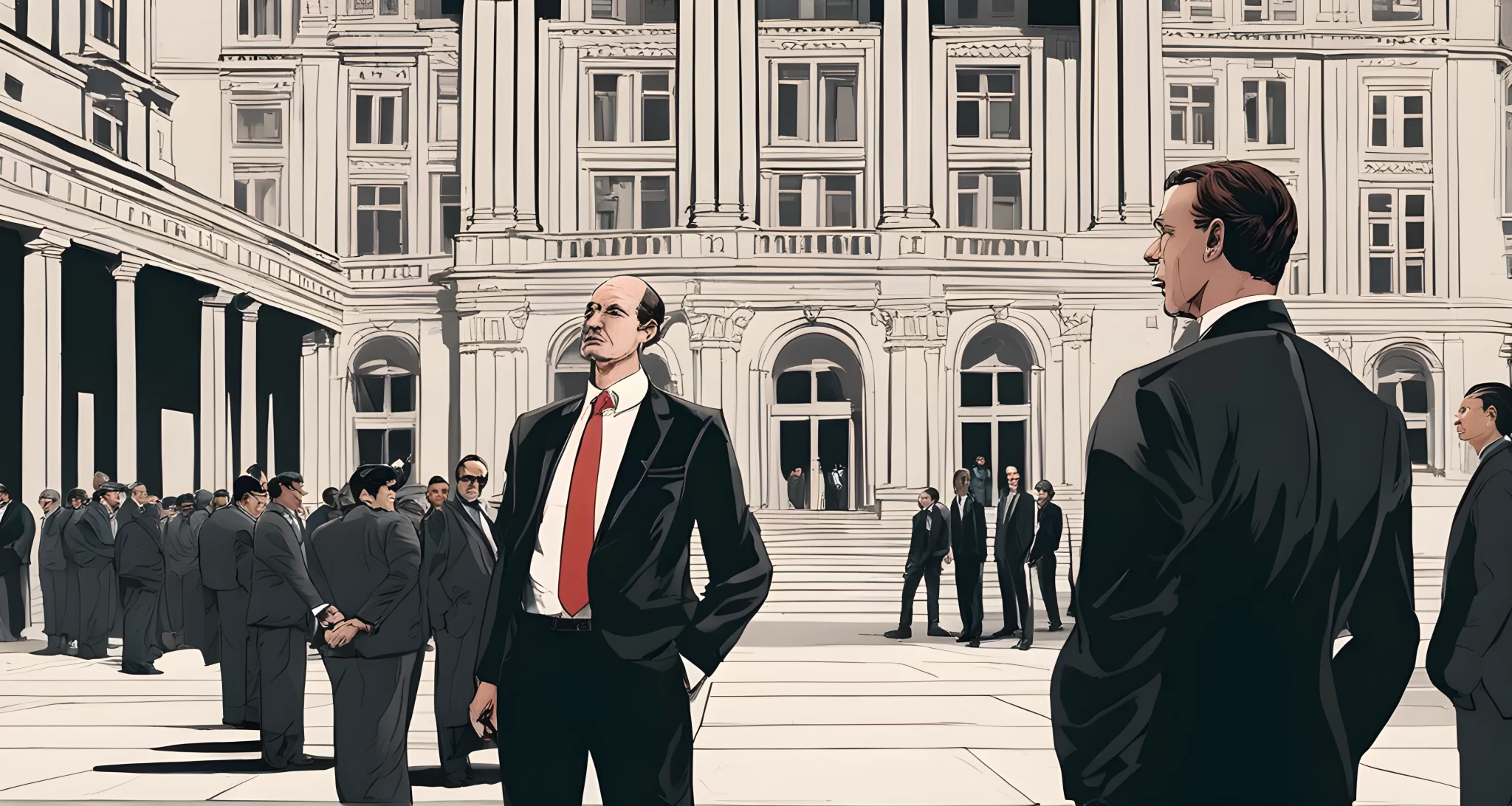 In the image, there are several high-profile individuals standing in front of a large building. The group appears to be engaged in deep conversation, possibly discussing important global issues. They are surrounded by security personnel and are dressed in formal attire.