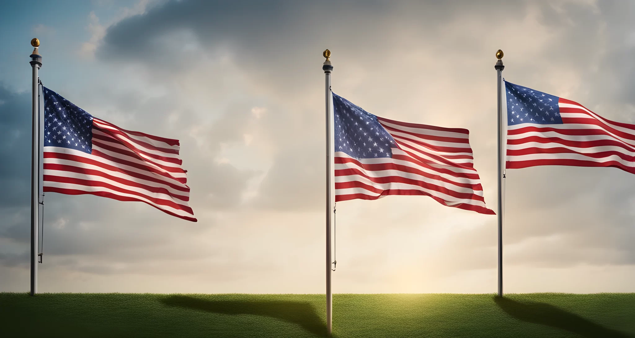 In the image, there are two flags - one American flag and one unidentified flag - waving in the wind.