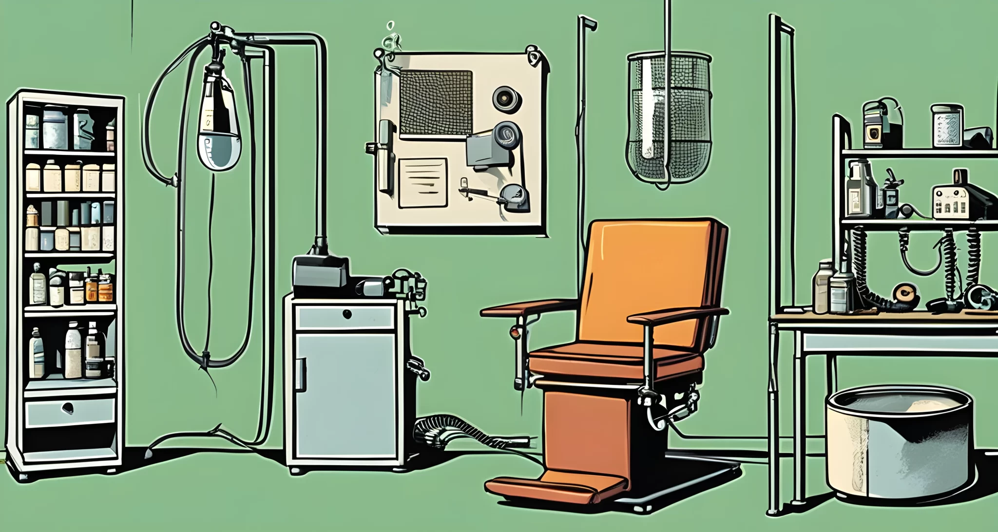 In the image, there are various equipment and tools typically used in psychological and psychiatric experiments, including a chair with restraints, electroshock convulsiometer, and sensory deprivation tank.