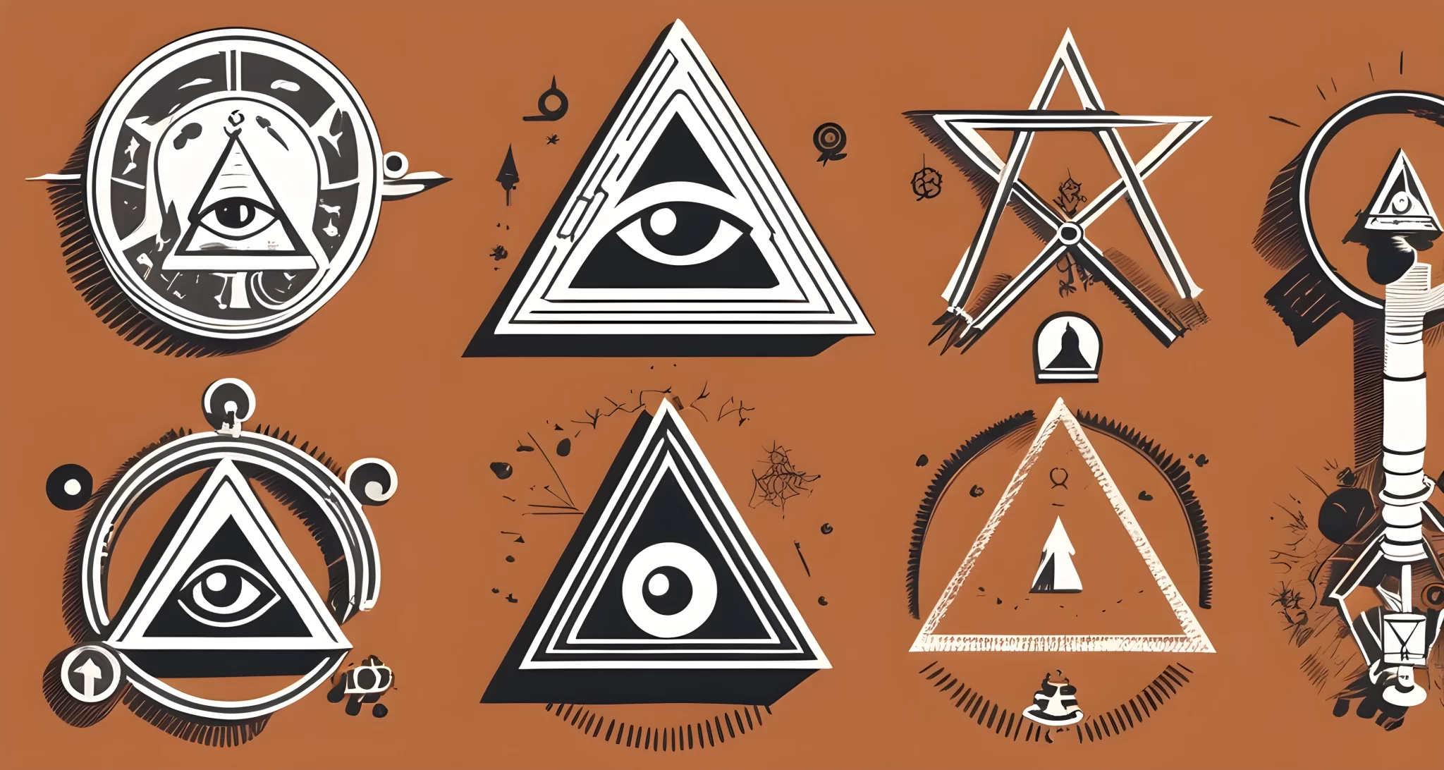 In the image, there are various symbols and icons associated with conspiracy theories such as the eye of providence, hidden messages, and shadowy figures.