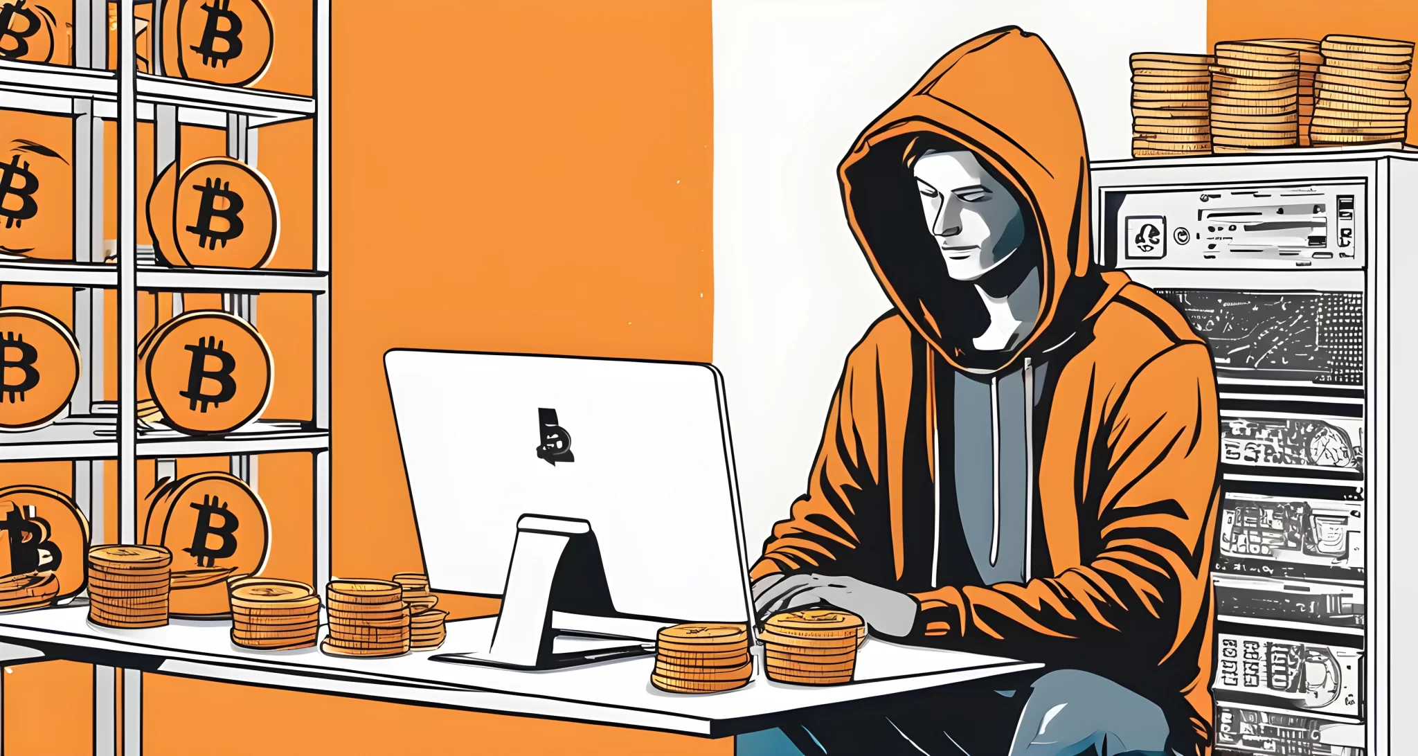 In the image, there is a computer, a stack of bitcoin coins, and a person wearing a hoodie with the bitcoin symbol on the screen.