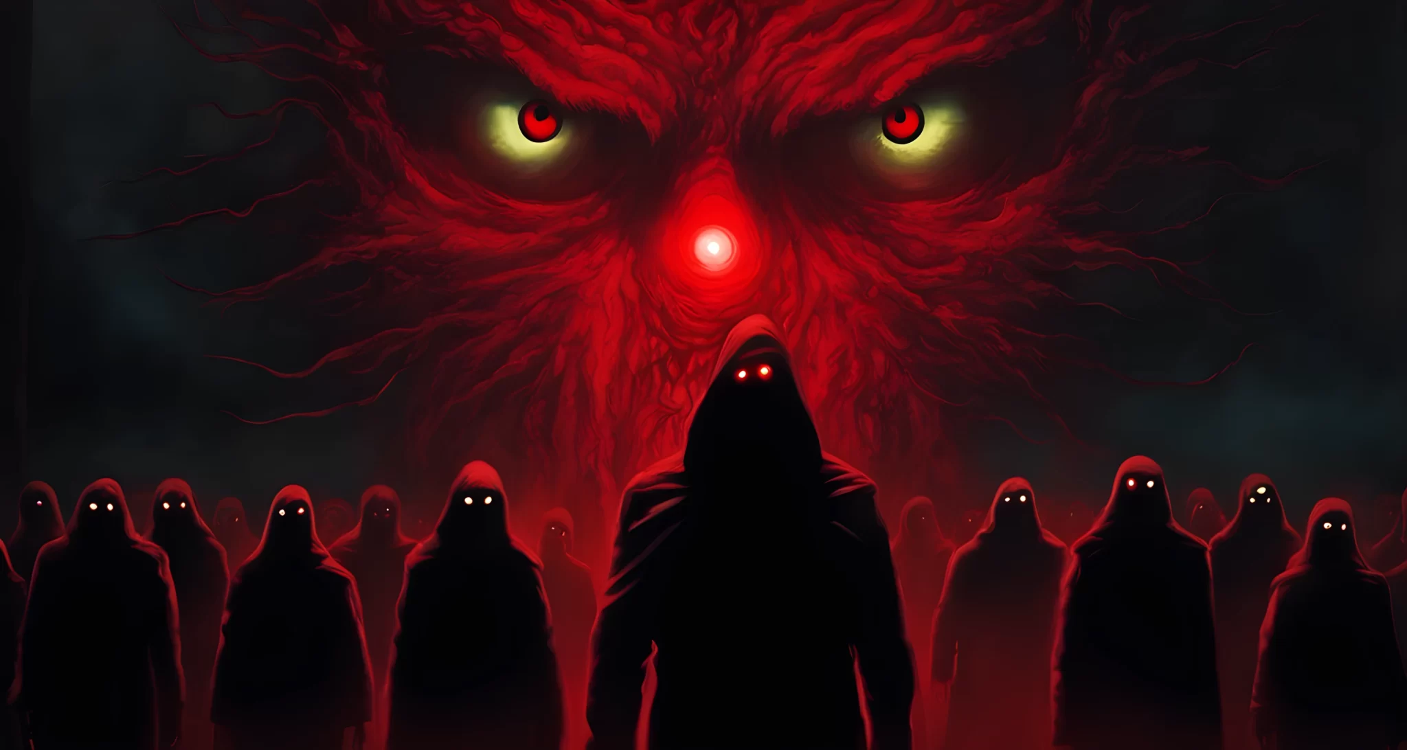 In the image, there is a dark, shadowy figure with large, glowing red eyes hovering over a group of people.