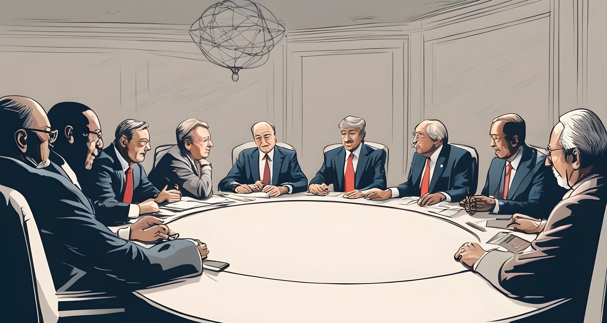 In the image, there is a group of influential individuals gathered around a table in discussion, with prominent world leaders and business moguls present.