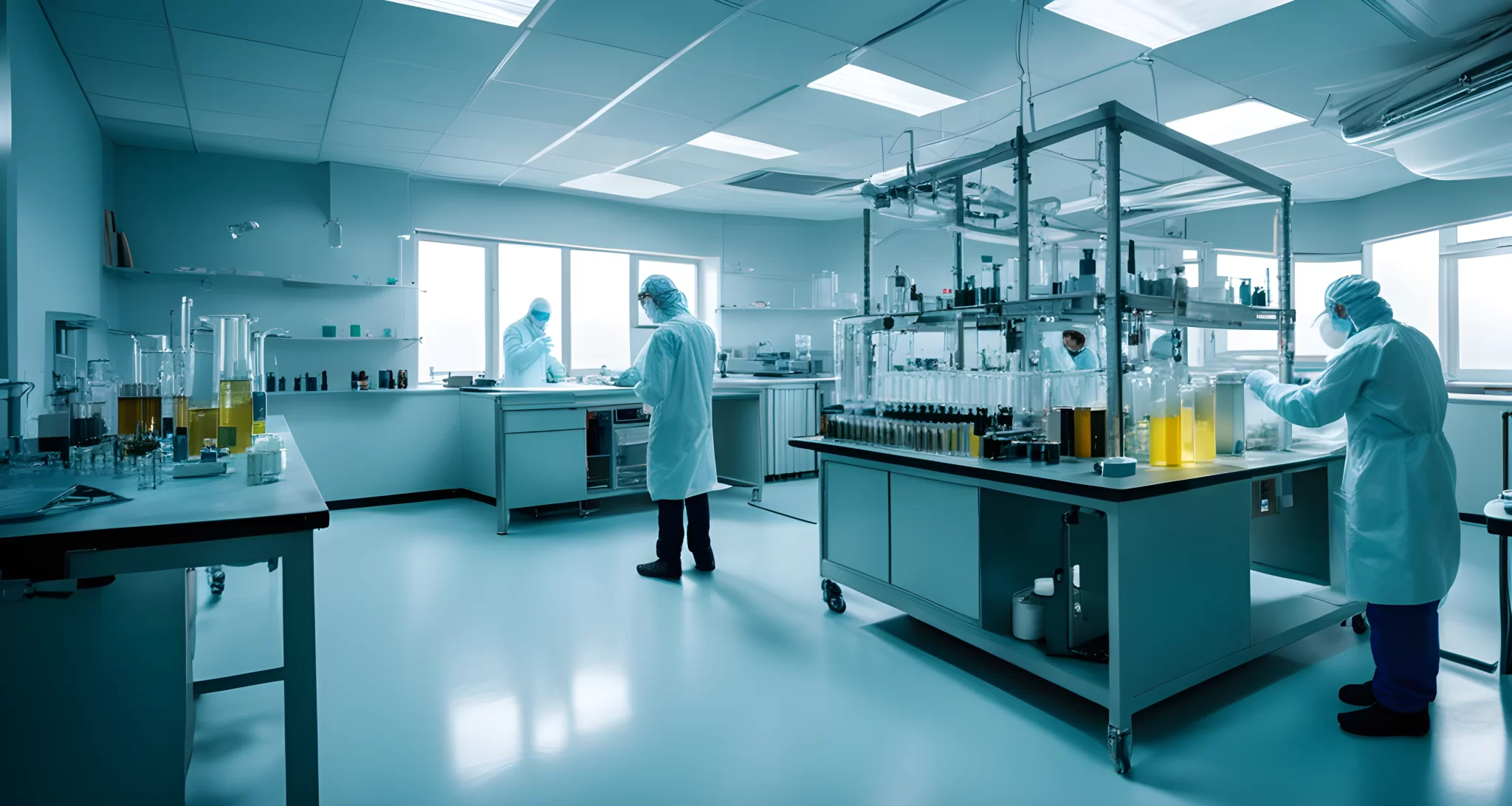 In the image, there is a laboratory setting with scientists in protective gear working with test tubes and equipment.