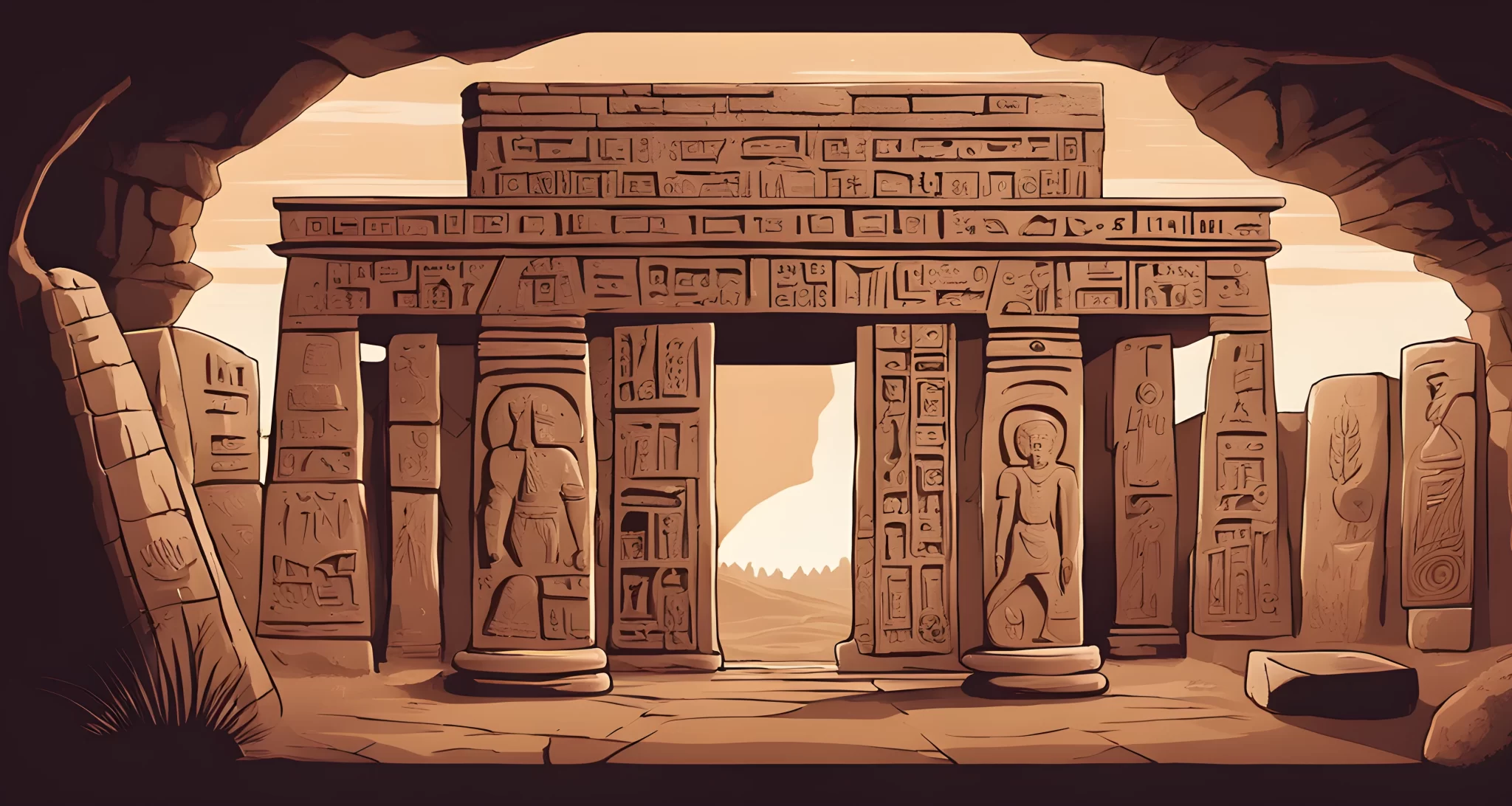 In the image, there is a large, ancient stone structure with intricate carvings and hieroglyphics. There are also mysterious, unidentifiable artifacts displayed around the structure.