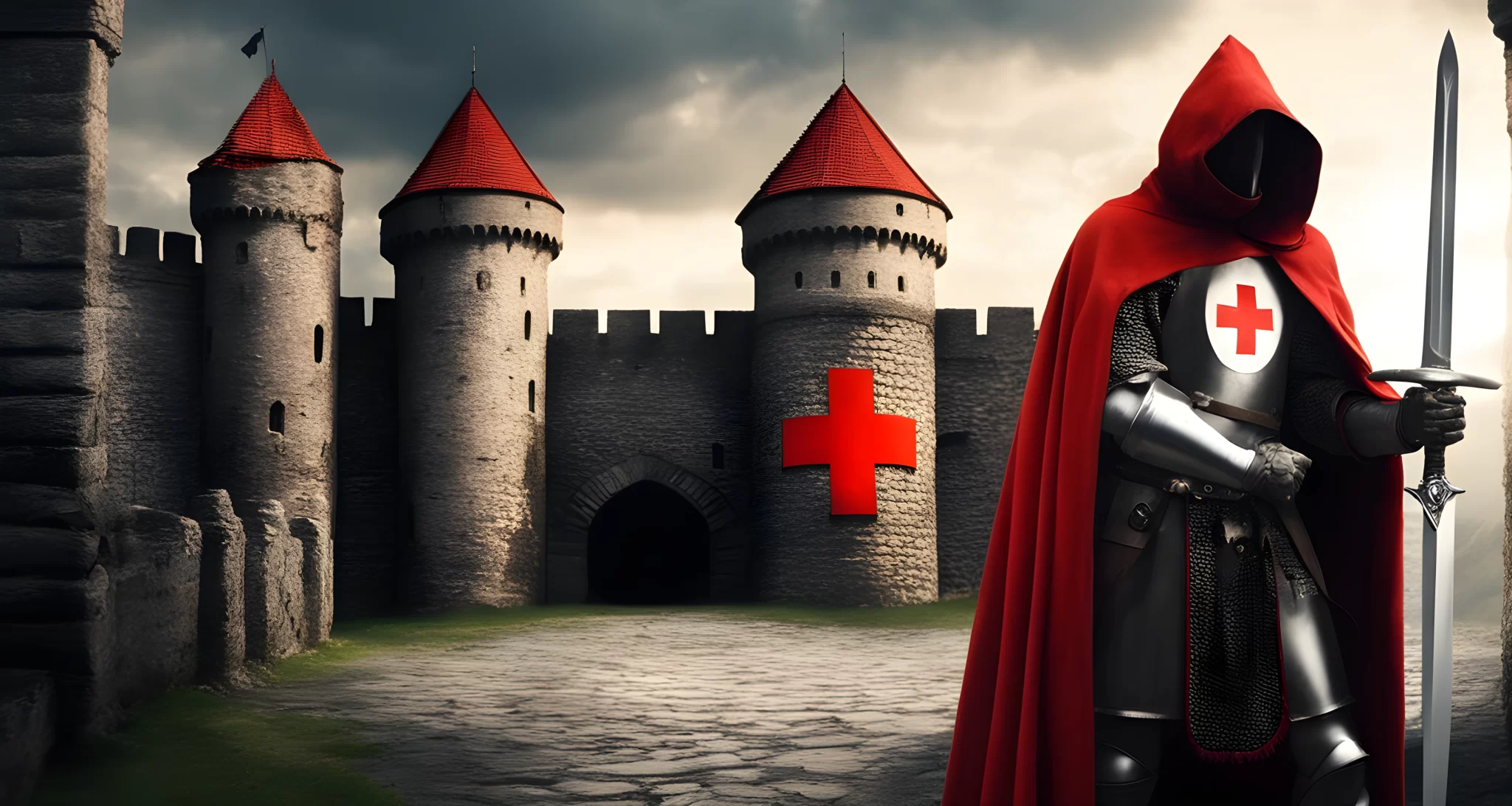 In the image, there is a medieval sword, a shield with a red cross, and a hooded figure standing before a castle.