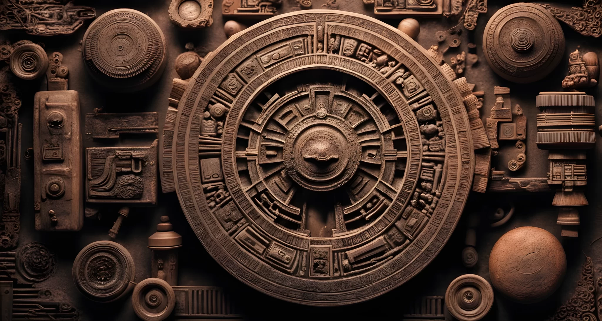 In the image, there is a mysterious ancient artifact with unknown symbols and intricate carvings. It is surrounded by unidentified technological devices.