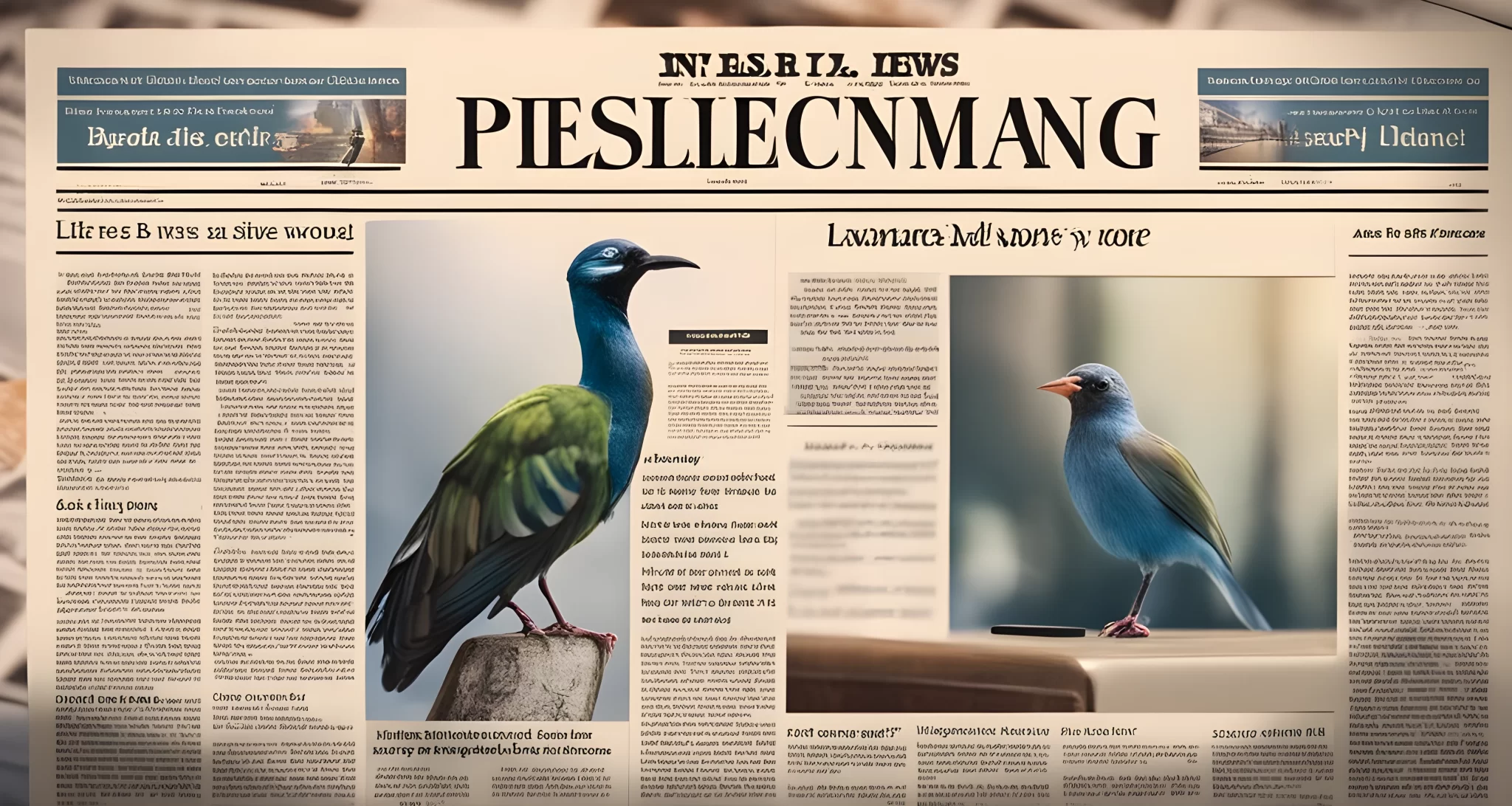 In the image, there is a newspaper headline featuring a bird and a TV screen showing news coverage.