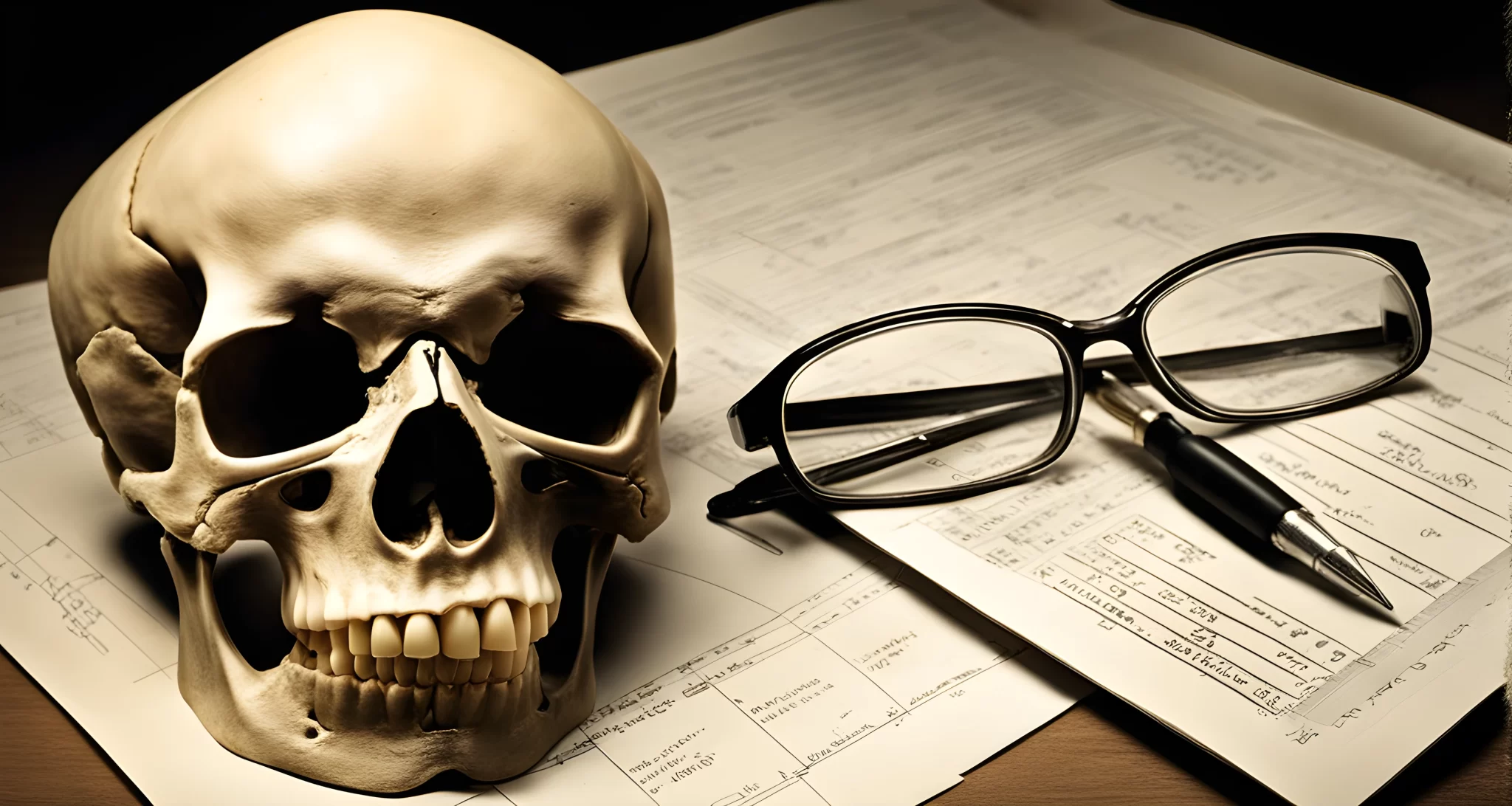 In the image, there is a photograph of a skull and a set of dental records.