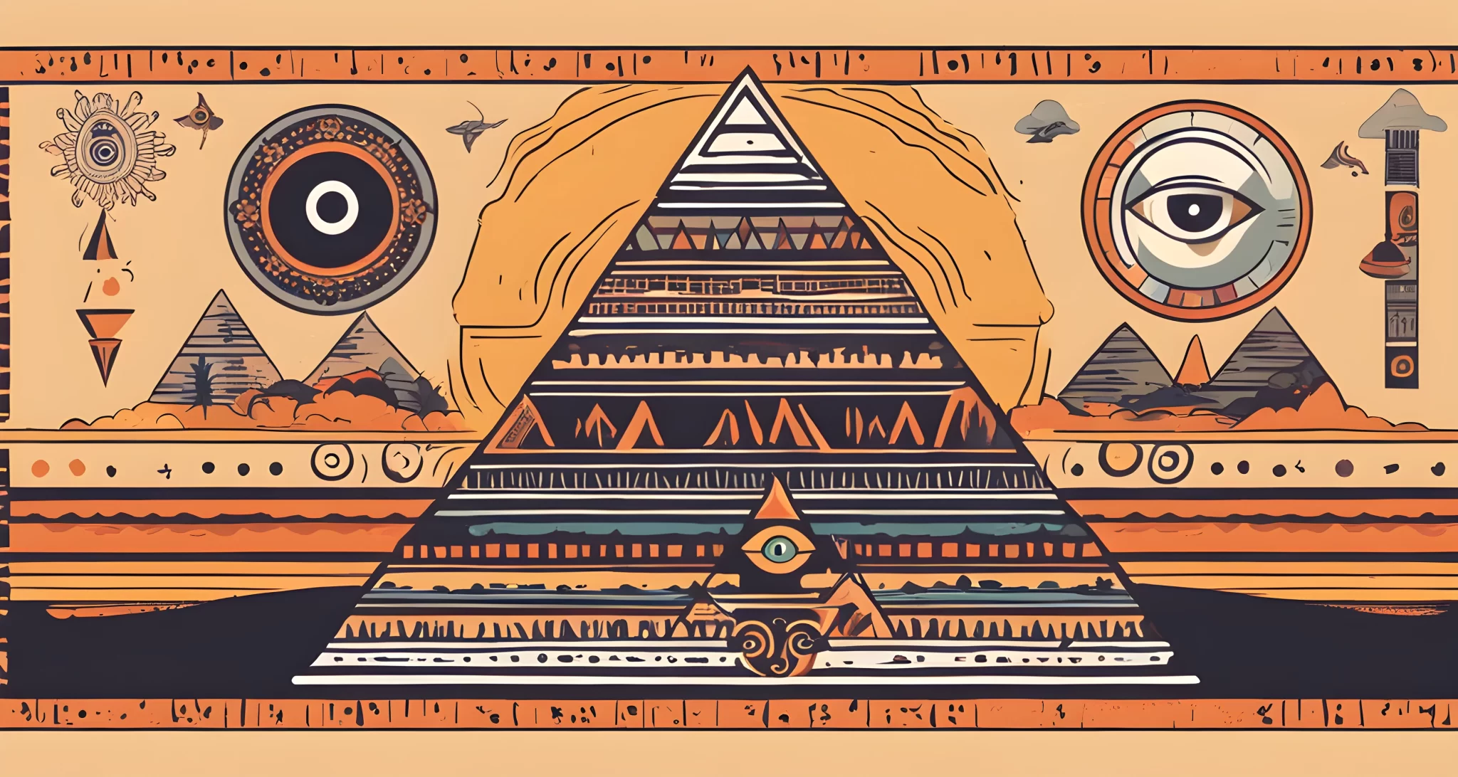 In the image, there is a pyramid with an all-seeing eye at the top, surrounded by various symbols and motifs.