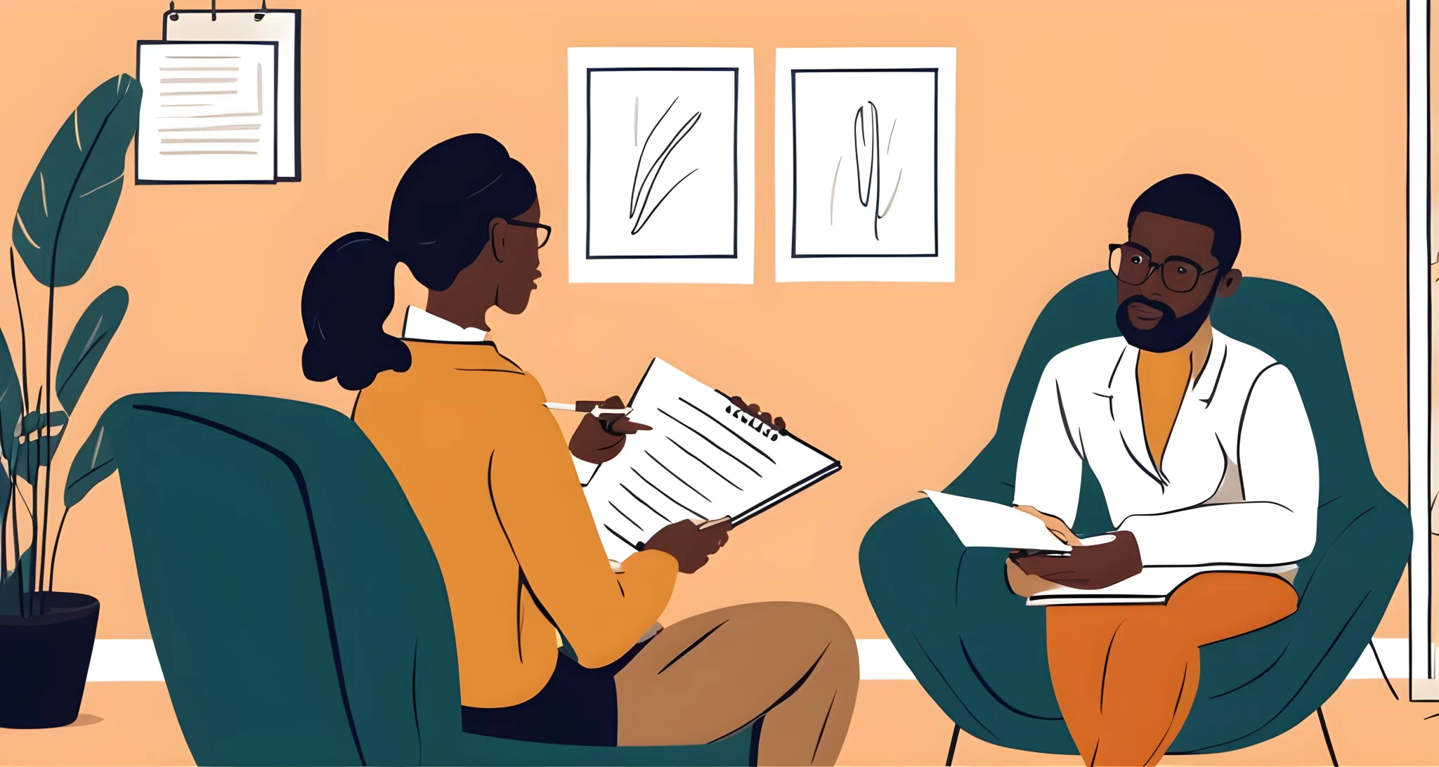 In the image, there is a therapist sitting across from a client in a cozy office setting. The therapist is holding a notebook and pen, while the client is leaning forward and gesturing with their hands.