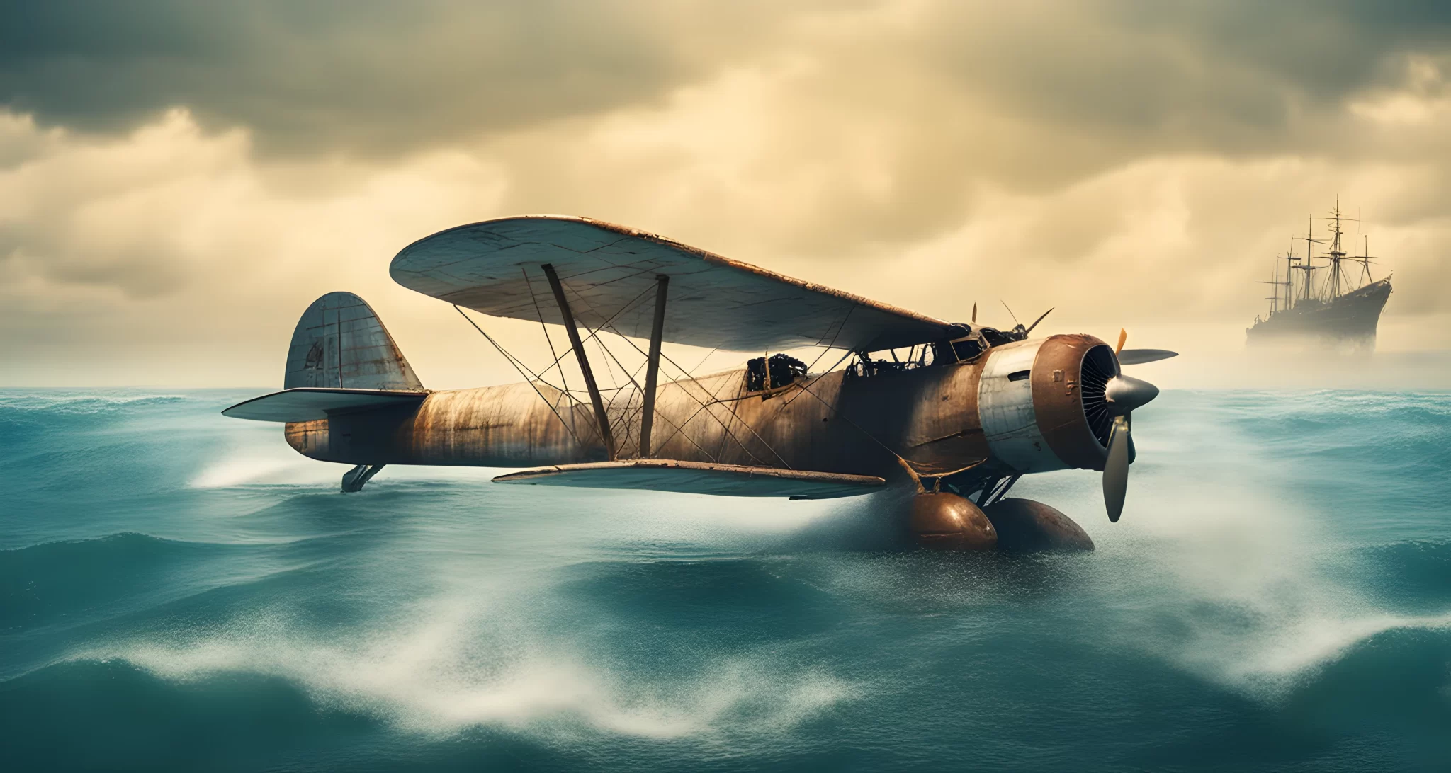 In the image, there is a vintage airplane flying over the ocean with a shipwreck below the water's surface.