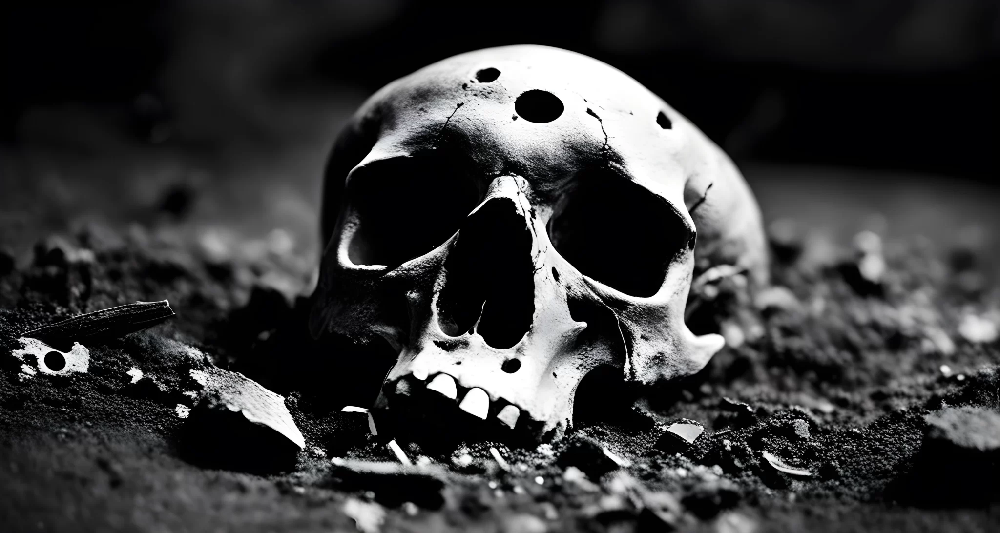 The grainy black and white photo shows a skull fragment with a small bullet hole in the forehead, surrounded by debris and dirt.