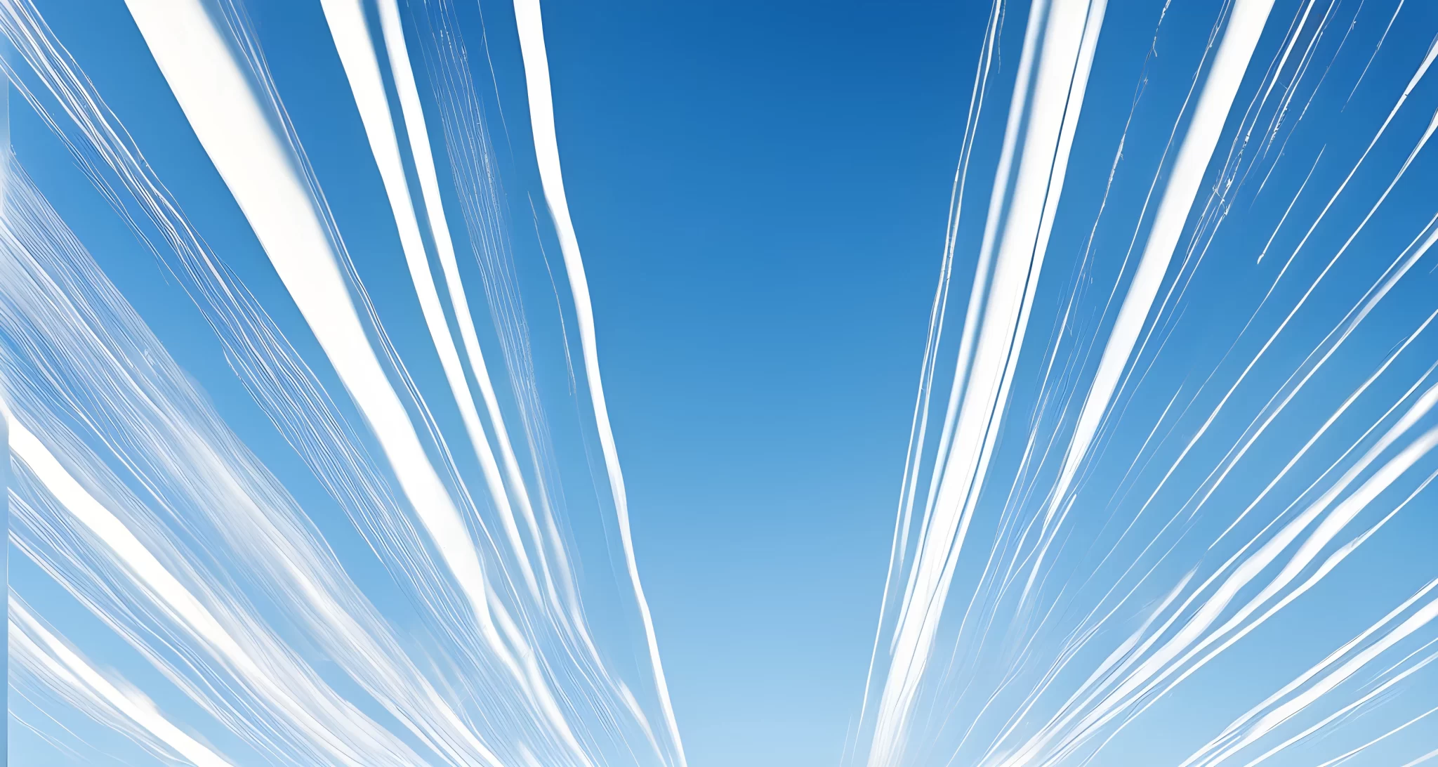 The image depicts a clear blue sky with multiple parallel white streaks.