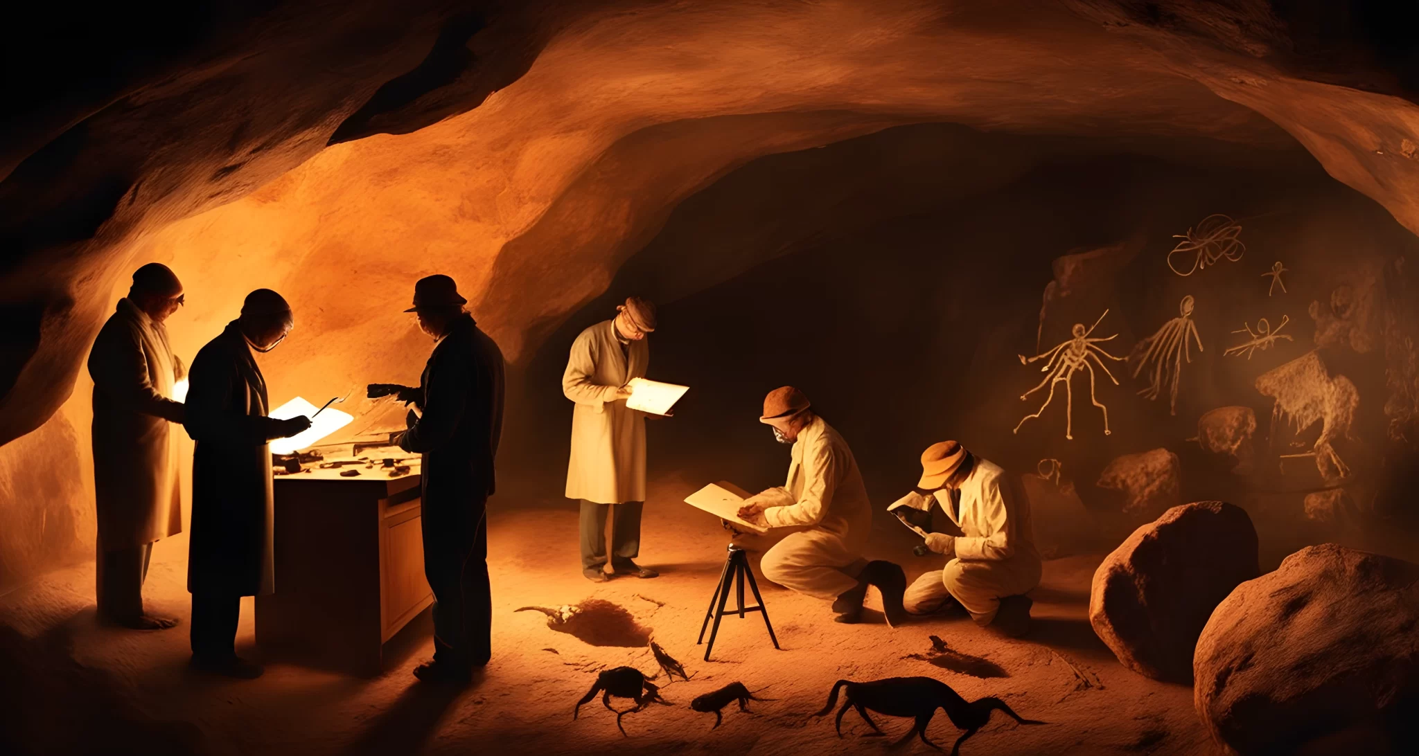 The image depicts a collection of ancient cave paintings, a mysterious metallic object, and a group of scientists studying the artifacts.