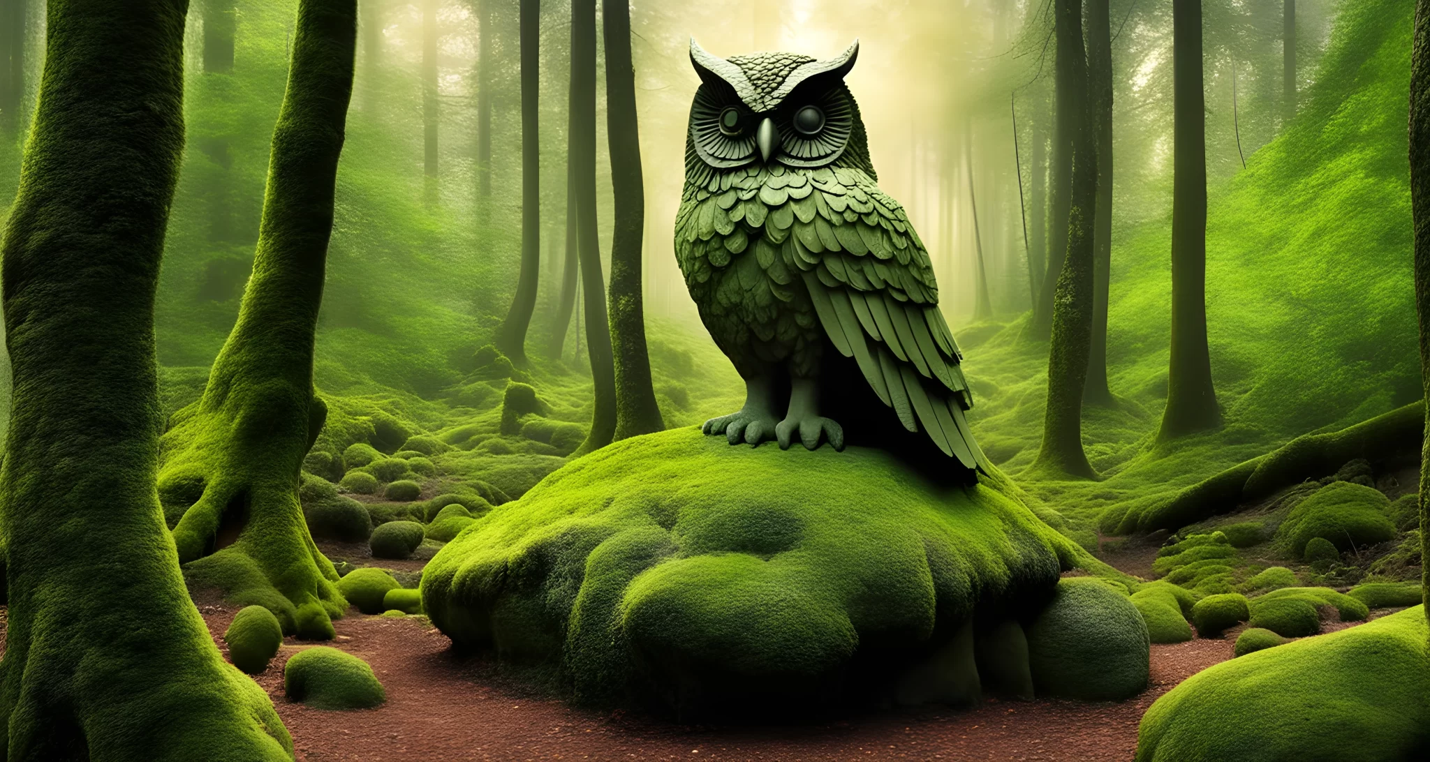 The image depicts a dense forest with a large, moss-covered stone owl statue at the center.