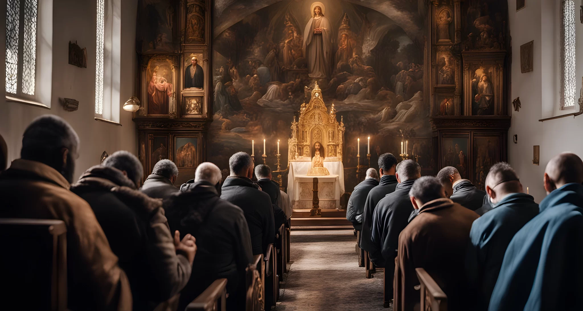 The image depicts a group of individuals praying in a chapel, surrounded by religious icons and symbols.