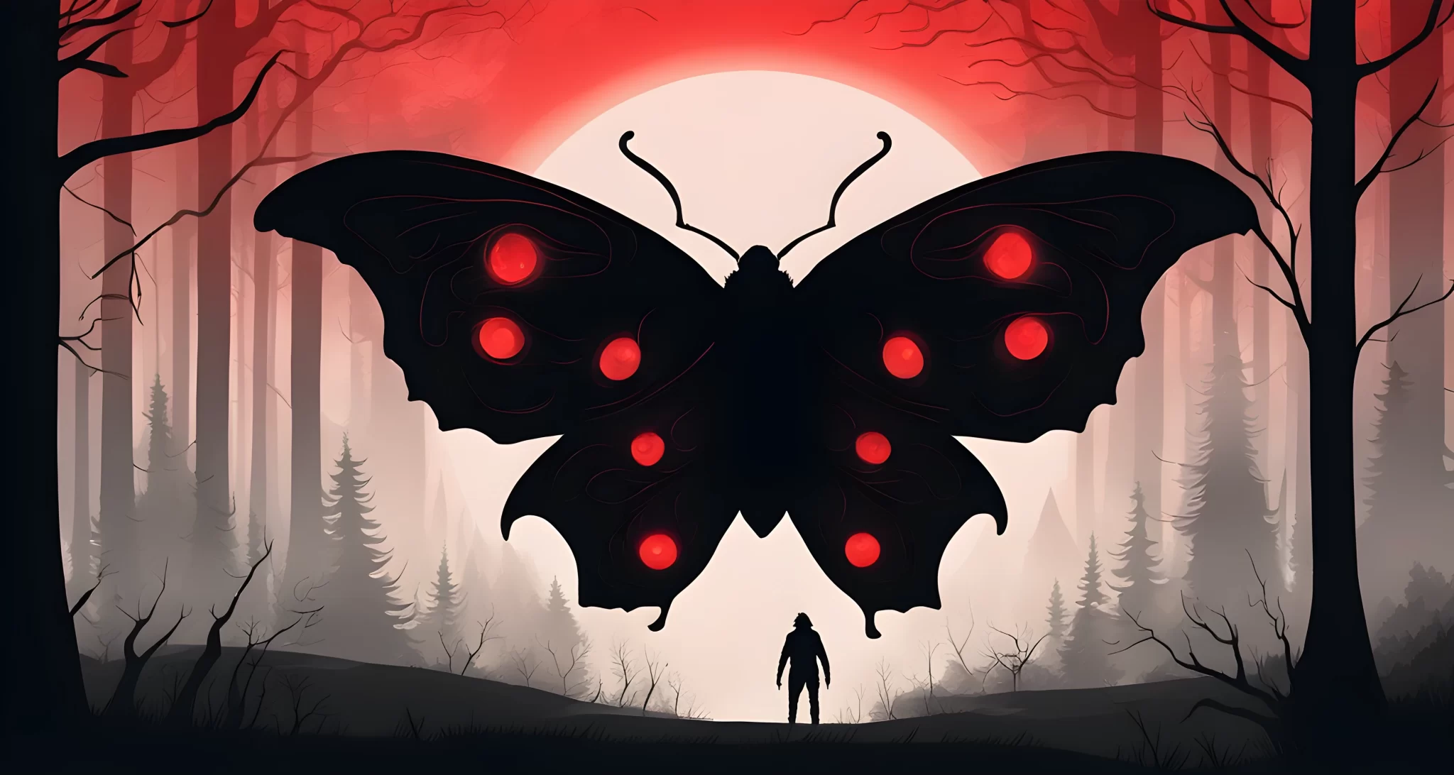 The image depicts a smoky silhouette of a large moth-like creature with glowing red eyes flying in a dark and misty forest.