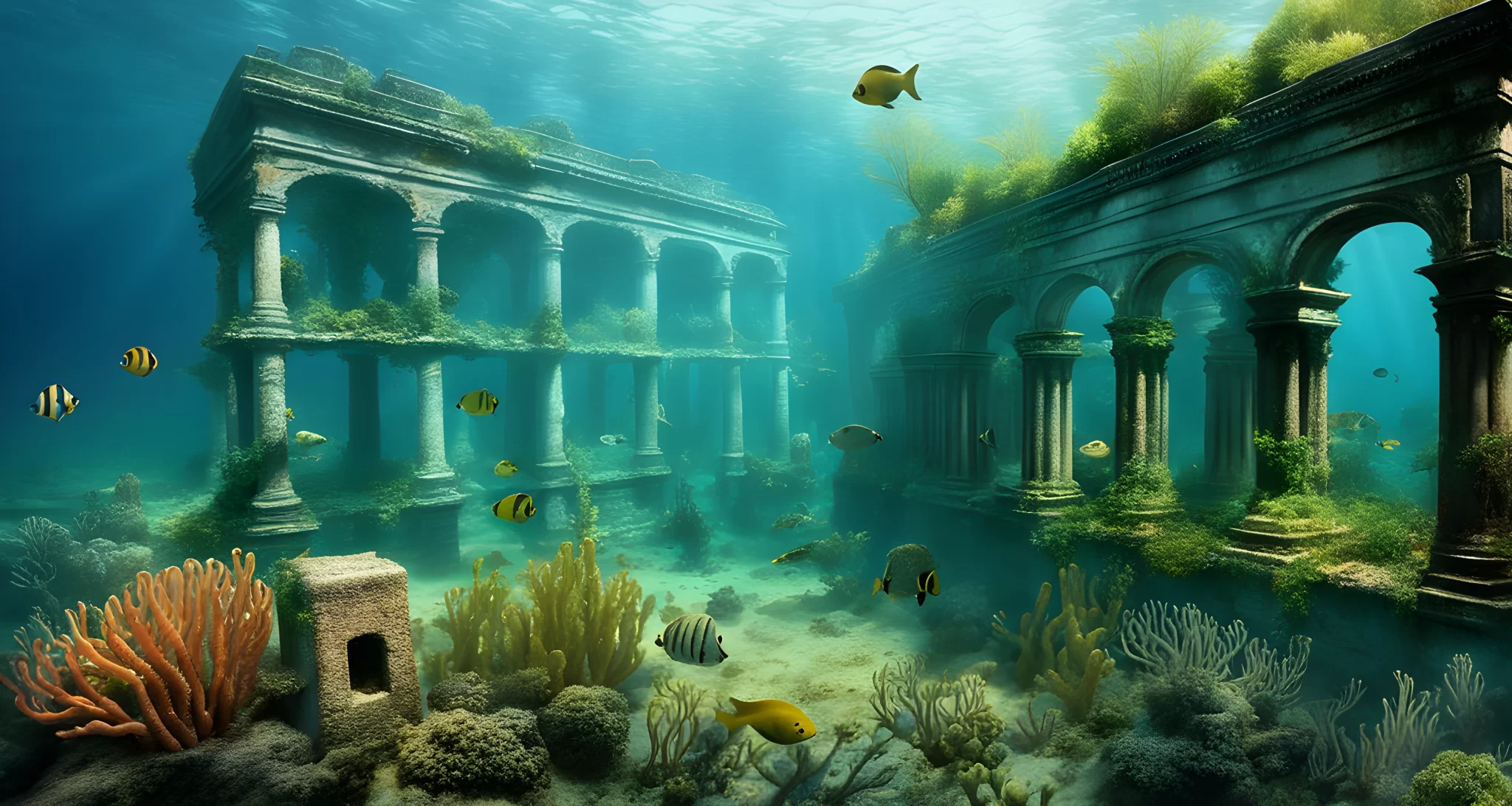 The image depicts sunken ruins of buildings and structures amidst underwater vegetation and marine life.