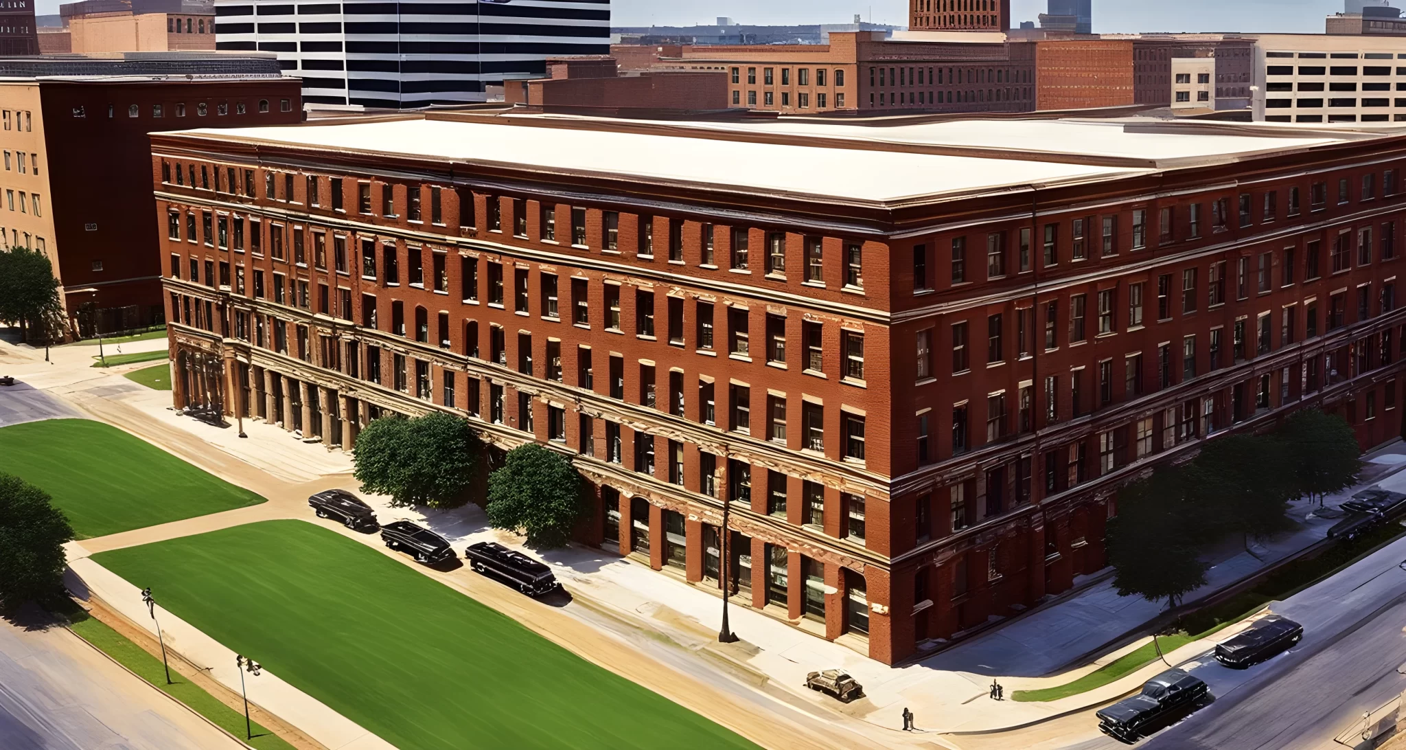 The image depicts the Dallas Book Depository building, the presidential motorcade, and the grassy knoll.