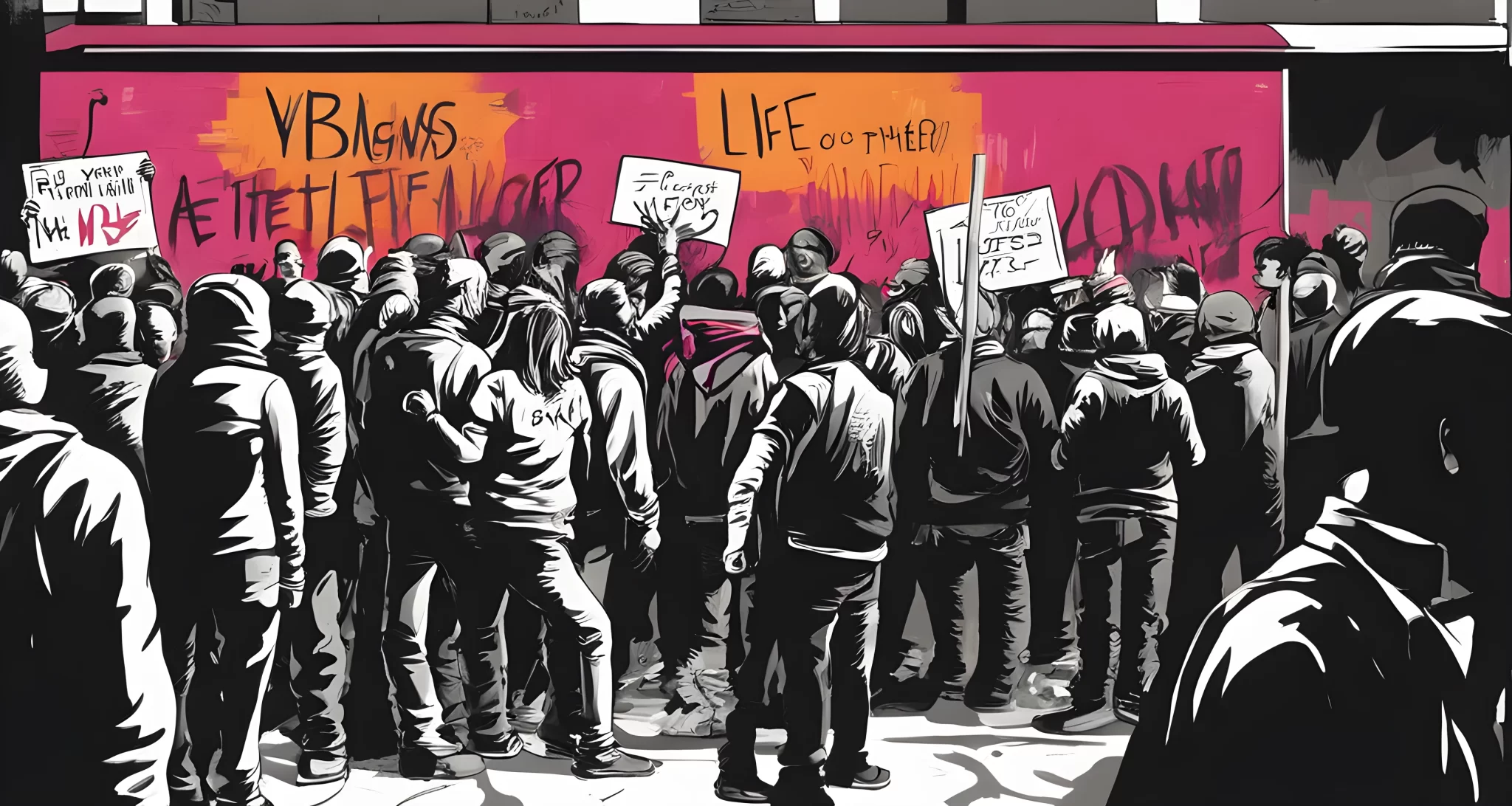 The image depicts various protest signs, graffiti on walls, and a group of people engaged in a heated debate.