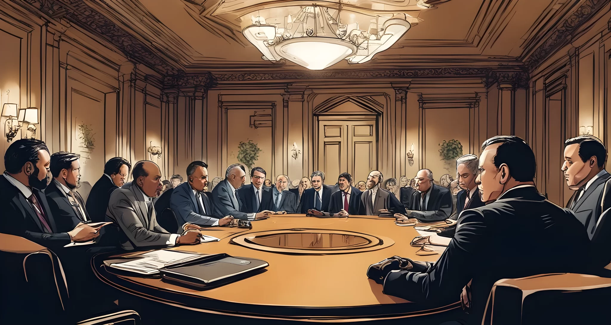 The image features a group of influential individuals meeting in a luxurious setting, surrounded by security and media presence.