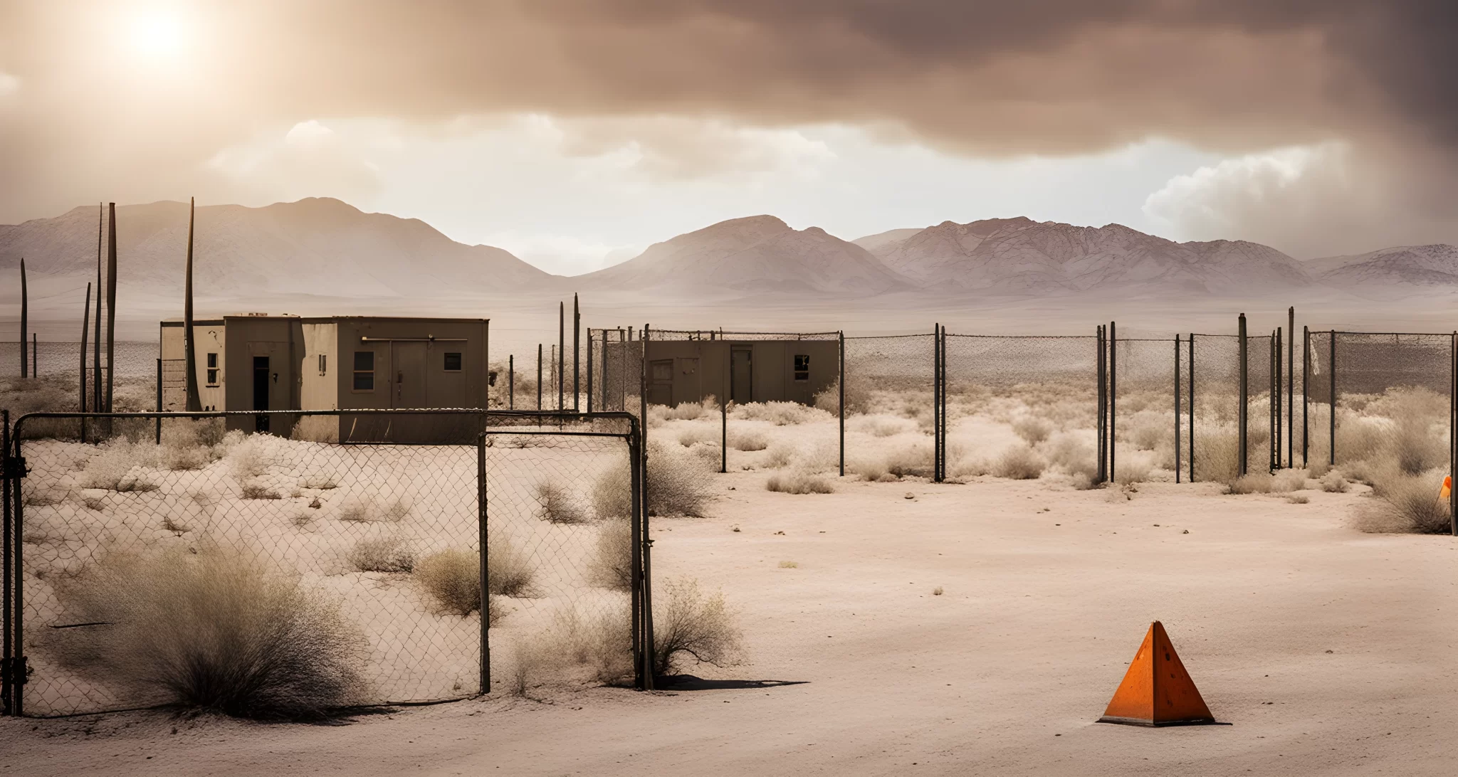 The image features a mysterious military base in the Nevada desert, surrounded by fences and warning signs.