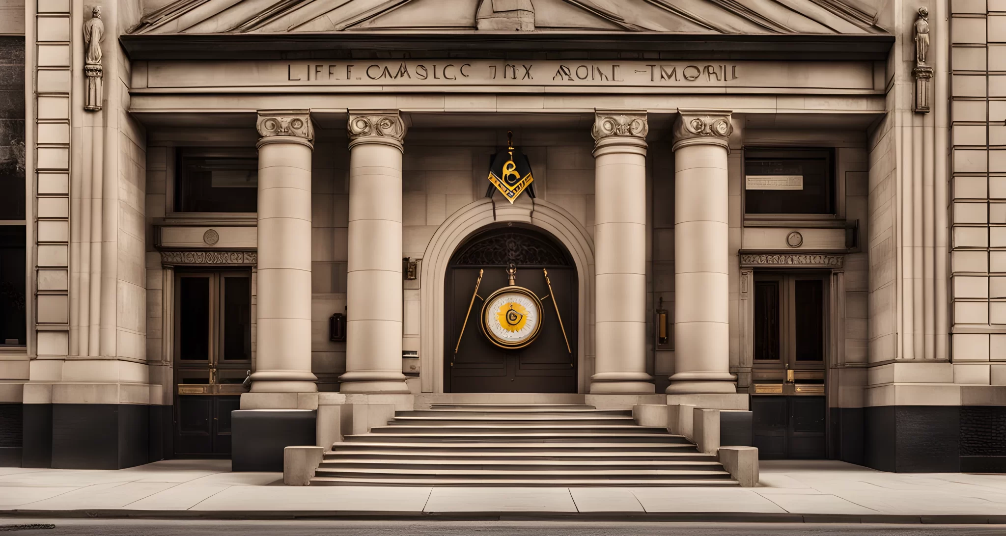 The image features a traditional Masonic temple with the iconic square and compass emblem prominently displayed at the entrance.