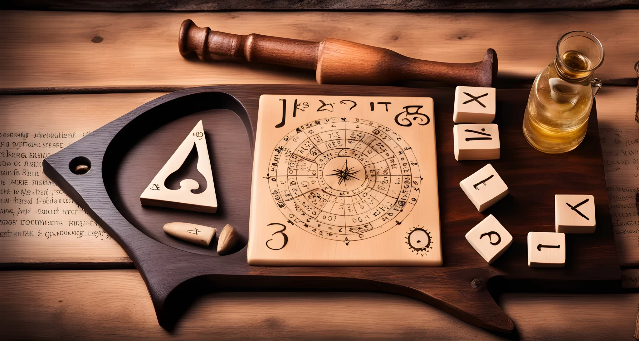 The image features a wooden board with letters, numbers, and words, along with a planchette used for divination.