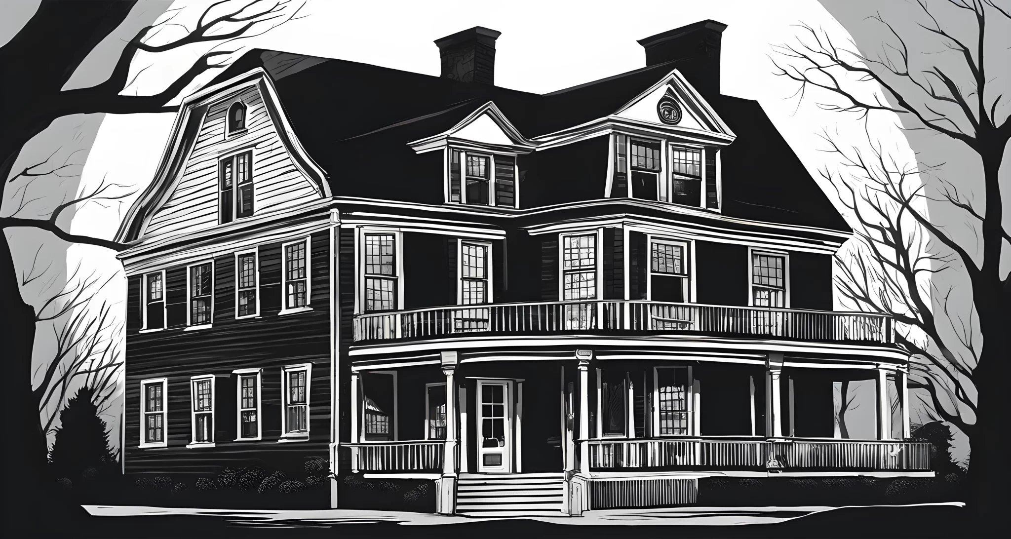 The image features the exterior of the iconic Amityville Horror house, with its distinctive Dutch Colonial architecture and iconic quarter-moon windows.