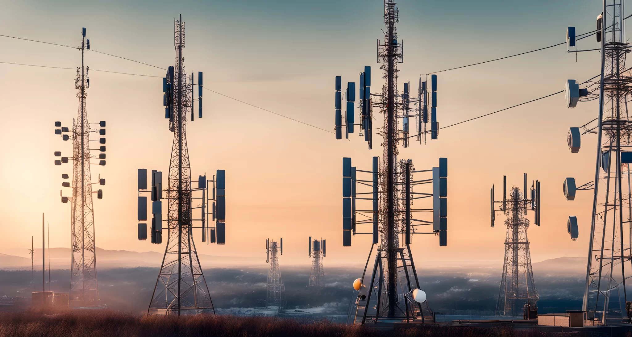 The image shows a 5G cell tower with various radio wave transmitters and antennas.