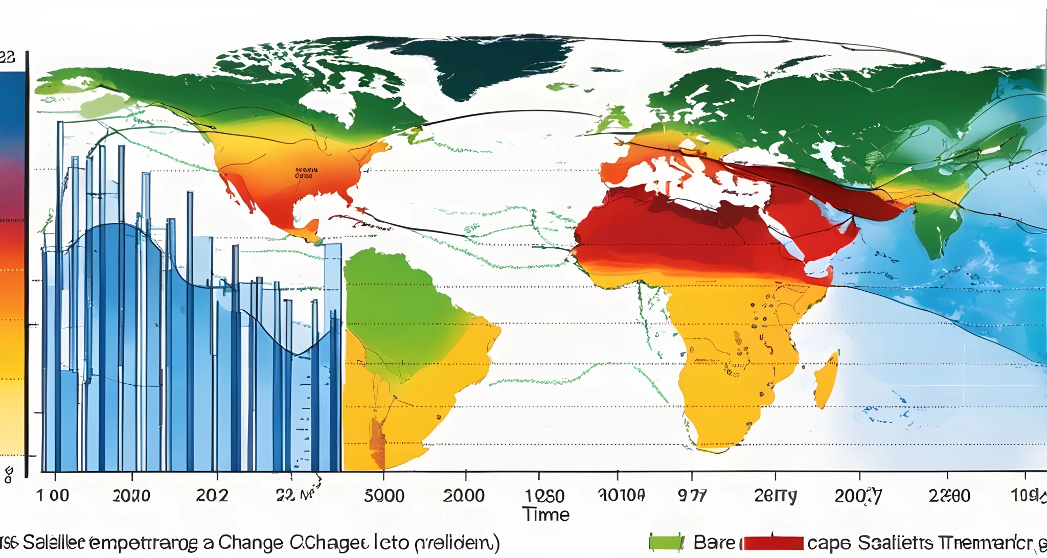 The image shows a bar graph displaying global temperature change over time, a satellite image of polar ice caps, and a group of scientists conducting climate research.