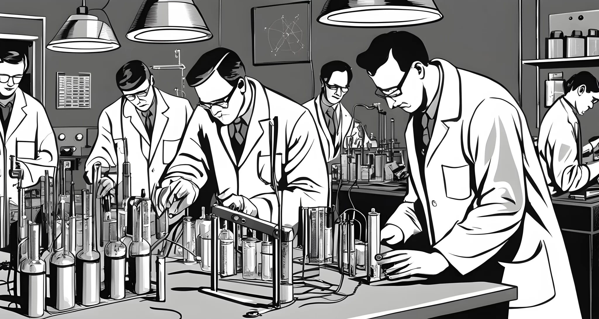 The image shows a black and white photograph of a group of scientists in a laboratory setting, conducting experiments with electrodes and monitoring equipment on a subject.