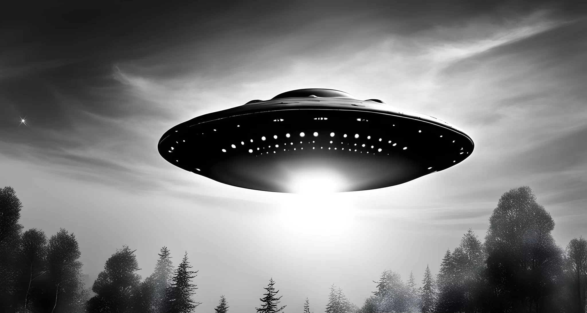 The image shows a black and white photograph of a UFO flying in the sky.