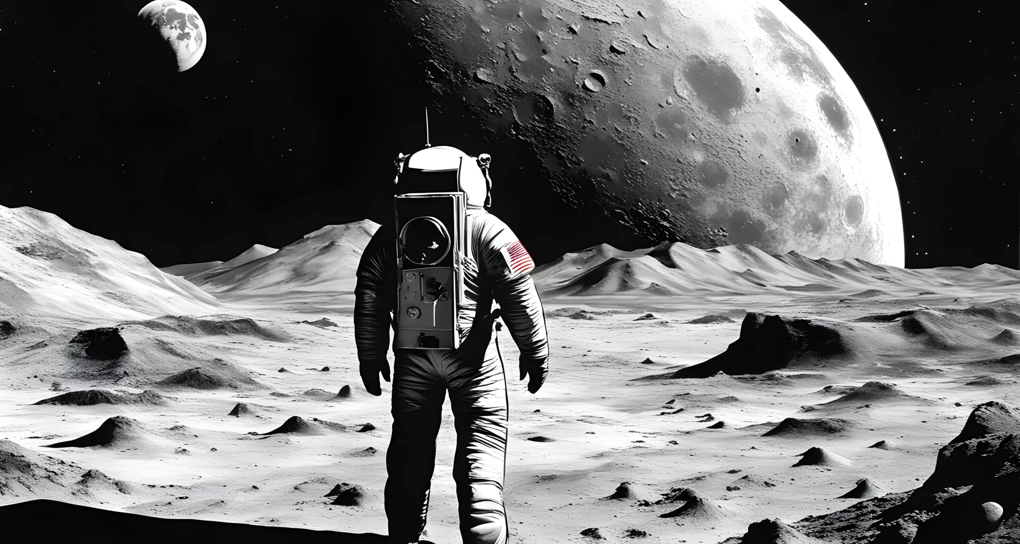 The image shows a black and white photograph of an astronaut standing on the surface of the moon, with a lunar module and the Earth in the background.