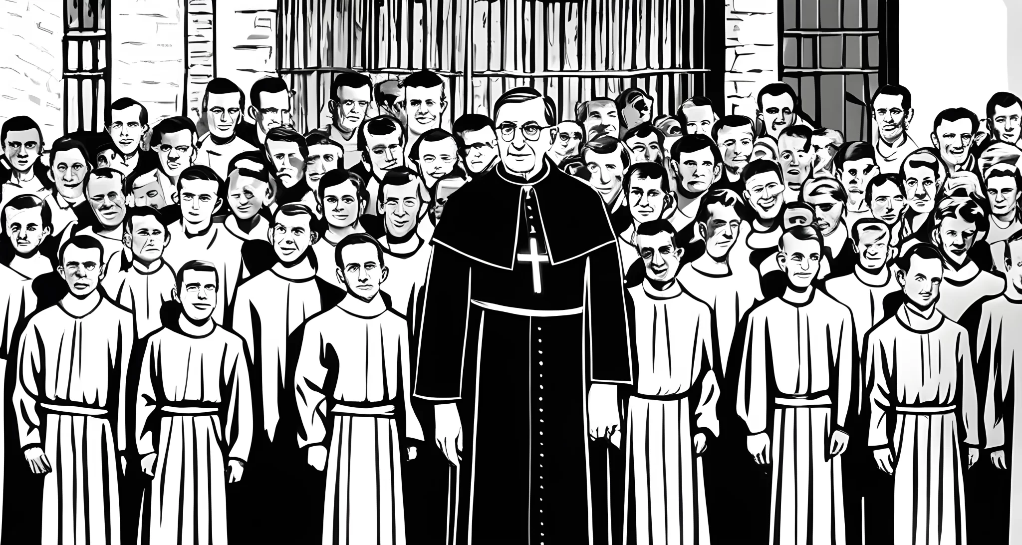 The image shows a black-and-white photograph of Opus Dei's founder, Josemaría Escrivá, standing in front of a group of followers.